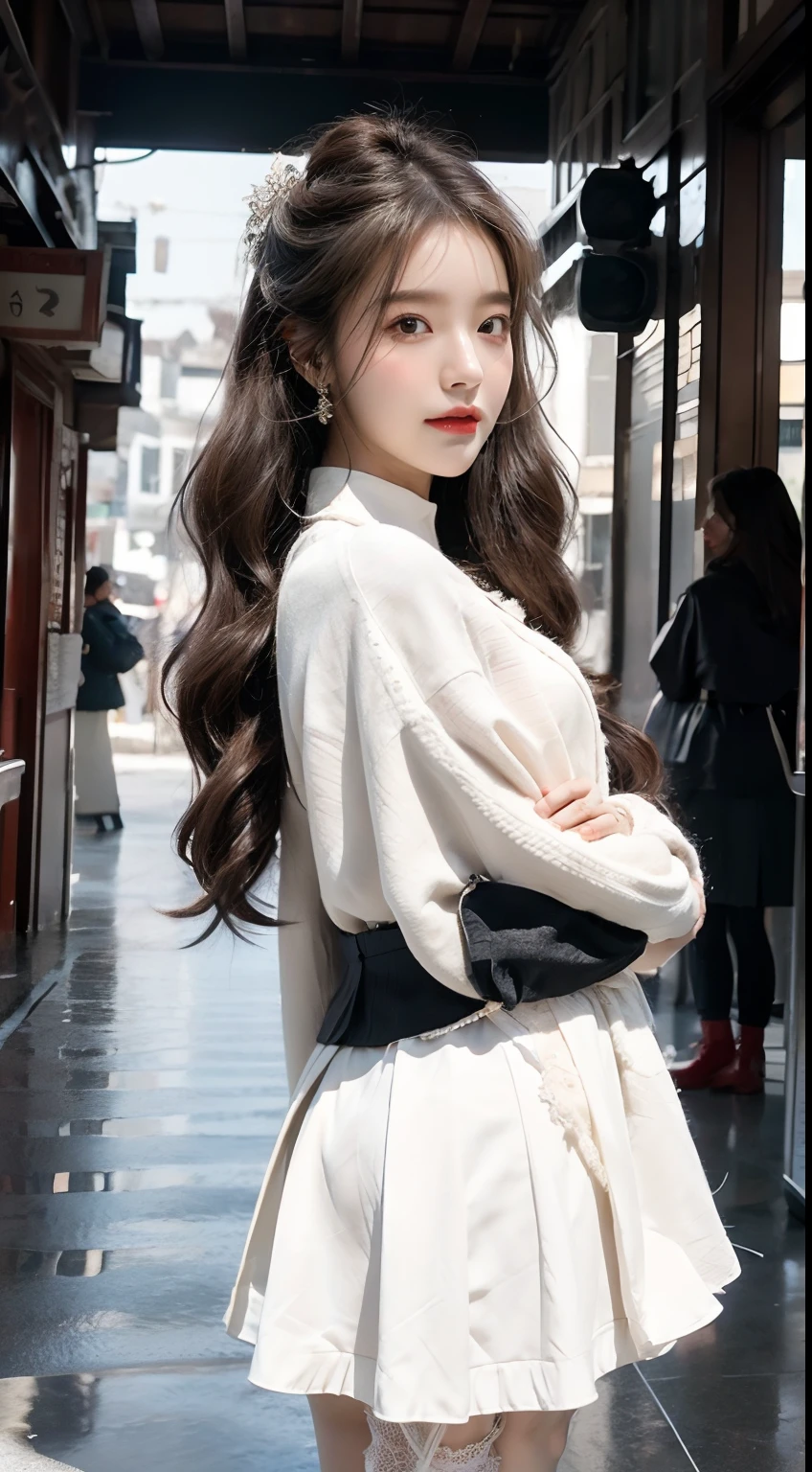 ((best qualtiy,tmasterpiece,超A high resolution)),(realisticlying:1.4),(Korean star poster-like),1girll,From head to knee,Dynamic posture,adult face,Slim,(ssmile),joy,Reflective eyes,(shiny skins),(contours,frontage),whaite hair,long whitr hair,黑The eye,Top fashion,((White plush coat)),Beautiful costumes,(ta Costume Outfit),(short skirt),(Real drifting snow:1.5,snow cover,Simple street),(Clear eyes),(Clear nose),(Clear lips),(Fair skin),(Ultra-realistic textile textures),cinmatic lighting,35mm,offcial art,Incredibly Ridiculous res,hugefilesize,