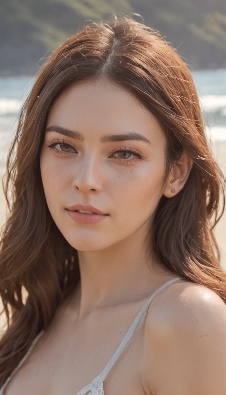 qualidade superior、obra prima、retrato de corpo inteiro、(Fotorrealista:1.4)、FOTO CRU、Uma mulher nua、Textura facial detalhada、Cool summer beach without Bikini、