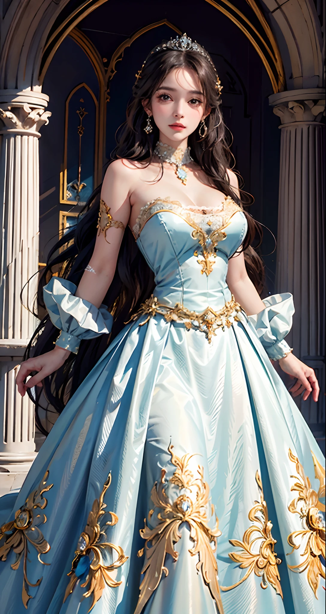 photorealistic, high resolution, soft light,1women, solo, hips up, shining skin, (detailed face),tattoo, jewelry, ((1 princess in gorgeous princess rococo ball gown with voluminous full-length hoop skirt)), night, long hair, wavy hair, Beautiful Soldier, Eyes That Invite Viewer, Lover's Perspective, Inviting Expression, Sexy Smile, Perfect Style, Perfect Balance, Detailed Skin, Naughty Gaze, Chest Visible