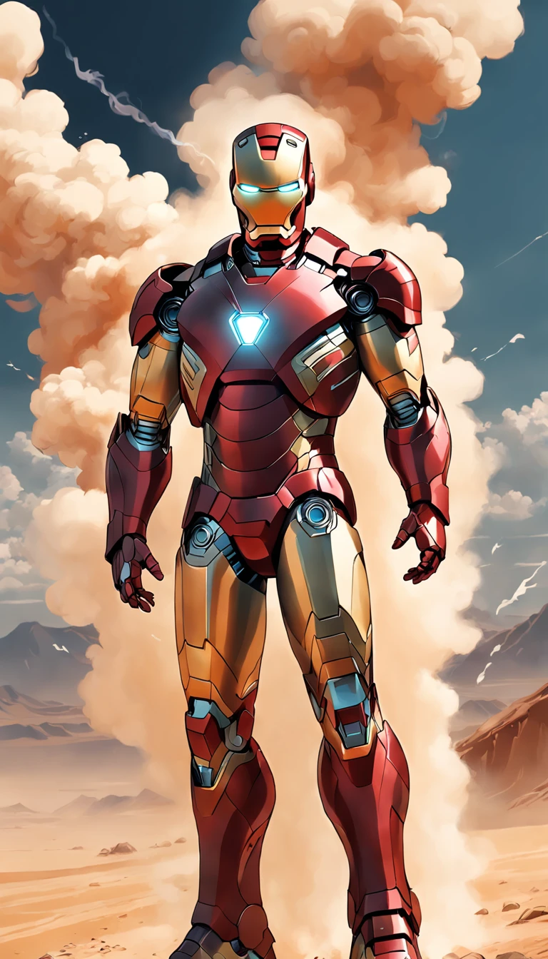 Iron Man with sunglasses smokes sadly in the Sahara。