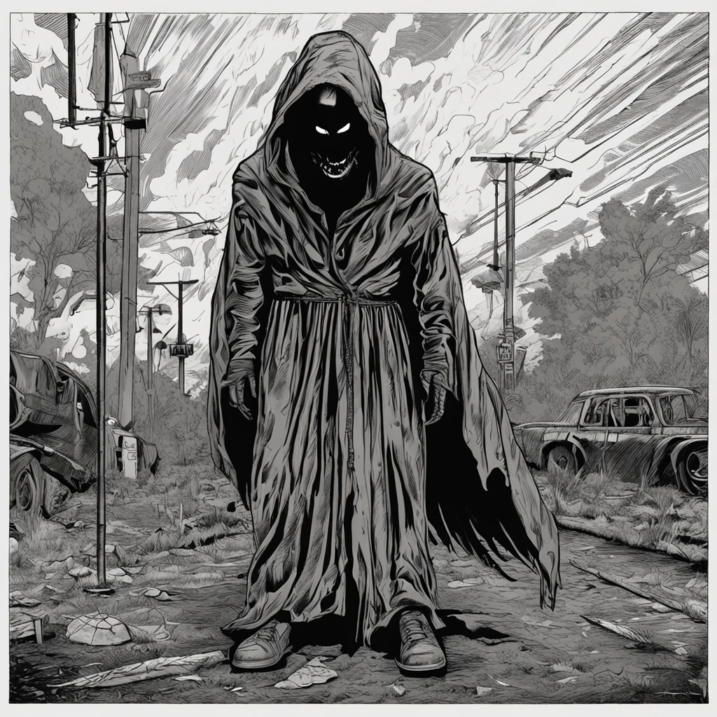 The devil in a hood and a scythe，Stand at the intersection of light and darkness，Lots of ghosts wearing hoods，Gloomy night sky，Terrifying and eerie texture。