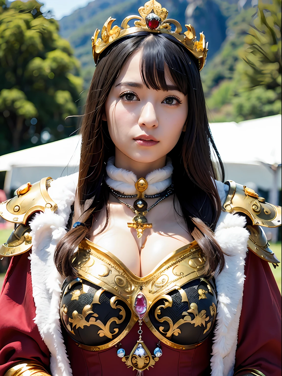 (masutepiece), Professional , masterpiece、top-quality、photos realistic , depth of fields (Gemstone Silver Metal Body:1.9),(Matte White、Jewel Gold Weapon(Jewel Metal Body:1.4),Gorgeous metal weapons , Detailed Sword of the Brave , Beautiful knife ,warhammer 40k , adepta sororitas,Detail and ornate jewel crown、Black hair、Gangle's forest background、Beautiful Caucasian beauty、1a person、dynamic ungle,(((Detailed and ornate diamond crown)))、Smaller head、A smile、Background inside the castle、Thin and beautiful female hands、cleavage of the breast、Soldier in iron armor on background、Soldier in iron armor on background、Mystical expression、Light Effects、