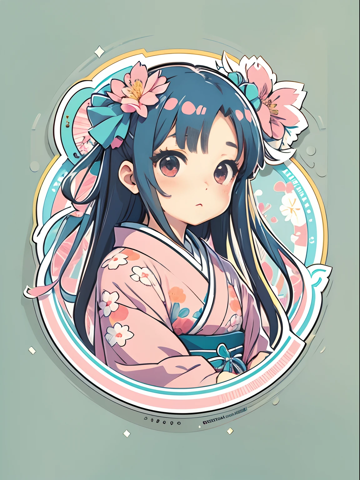 sticker, cute anime girl head, longhair style, wearing pink sakura kimono, in circle, white Background, Bright blue, Simple, Ultra Detailed, Detailed Drawing, Vectorization, Silhouette, 8k, professional sticker design, flat design, vector lines, sticker, drawing, Drawing, Full HD