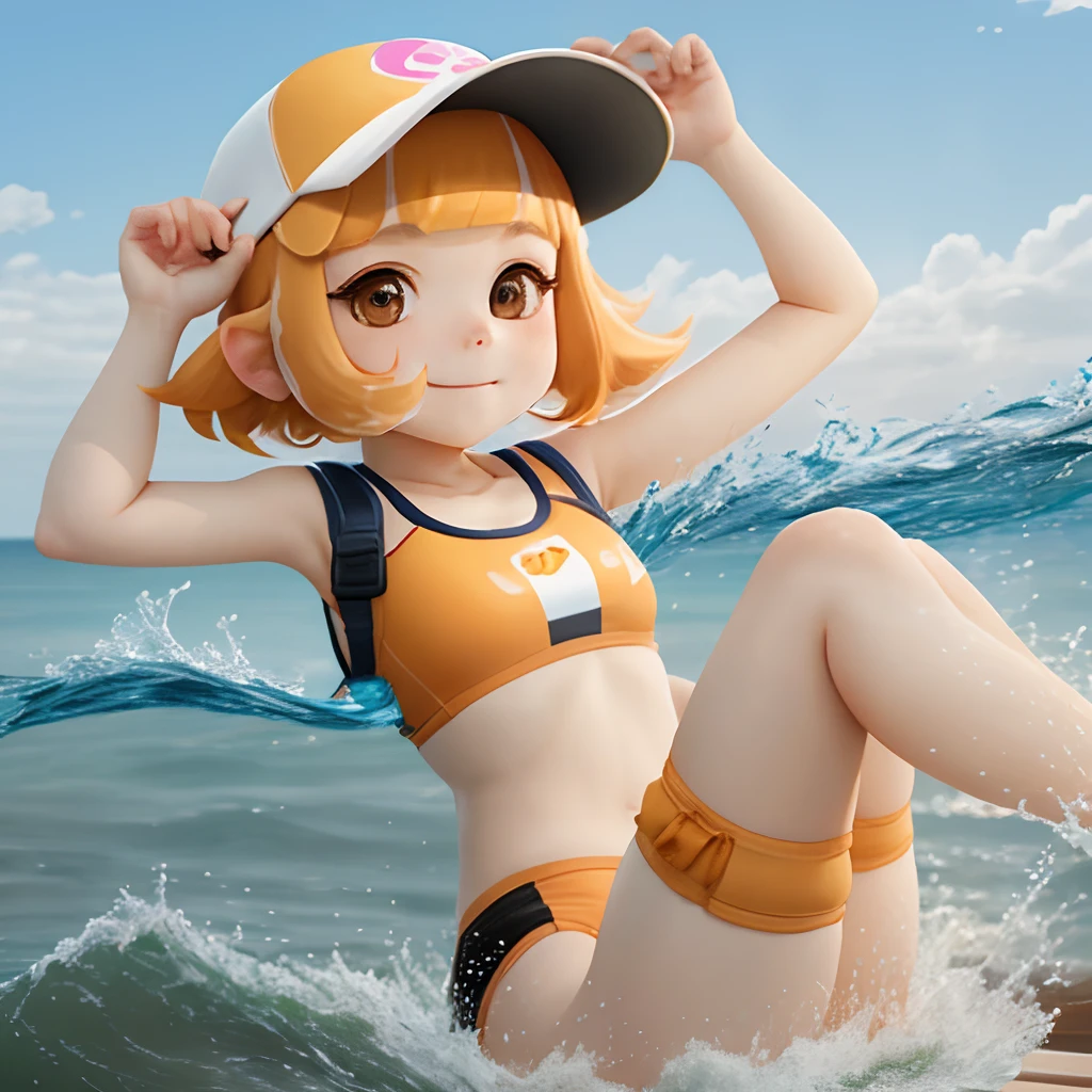 Splatoon、Sun visor、Pattsun bangs、girl with、kawaii、opens legs、swim wears、orange color hair