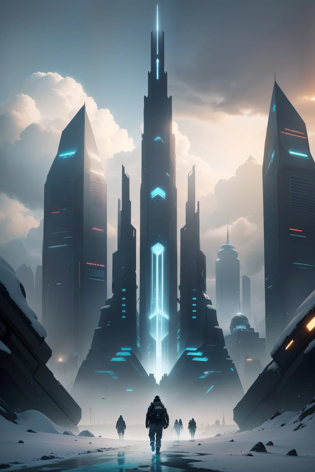 Cidade futuristica,In the middle of a frozen landscape,People walking on snow, in fantasy sci - fi city, ice city in 2 0 8 0, sci fi epic digital art, Science fiction city, scifi concept art, inspired by Stephan Martiniere, sci fi city, science fiction digital art, inspired by Stephan Martiniere,k hd,delicated