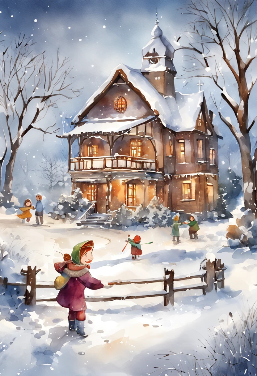 tmasterpiece，Best quality at best，high high quality，the Extremely Detailed CG Unity 8K Wallpapers，Paint a winter scene，Illustration style，The illustration shows two children building a snowman in front of the house，Children's book illustrations inspired by Robert Alvin Hughes，It was snowing heavily，The entire scene is covered in snow。digital illustrations，复杂，Uptrend，pastel colour，oil painted，award winning photography，Bokeh，depth of fields，hdr，blooms，color difference，真实感，The is very detailed，trends in art station，CGSociety trends，复杂，high detal，dramatics，Midjourney Art