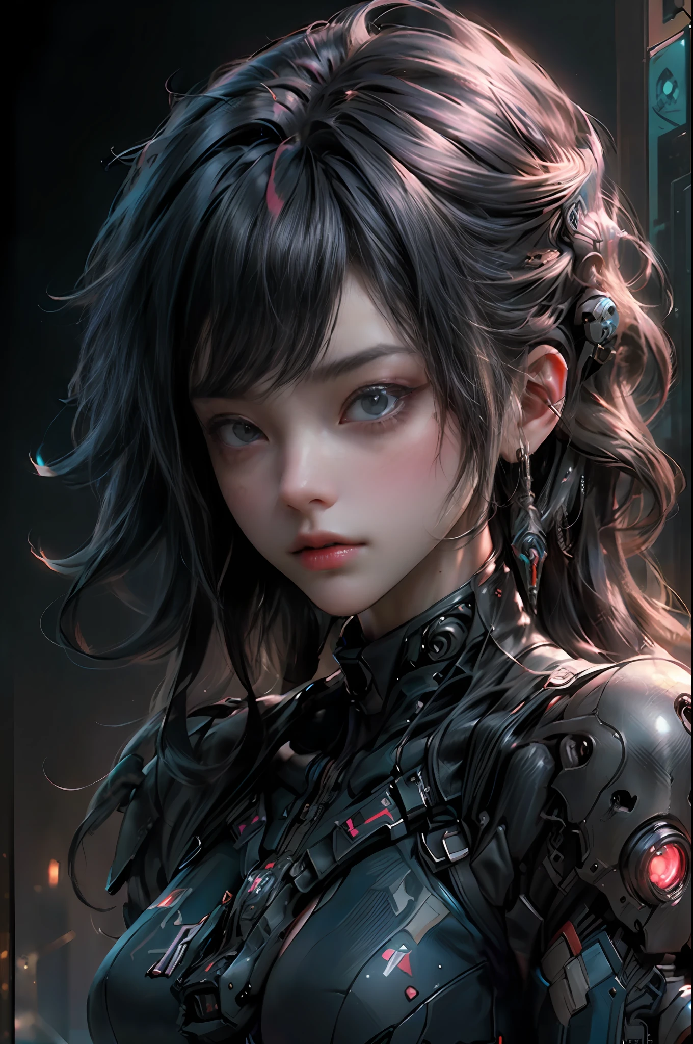((Best quality)), ((masterpiece)), (detailed:1.4), photograph of a beautiful cyberpunk female, (wearing smooth organic tech armor), (long shapeless multicolor hair), big breasts, ((extreme close-up portrait)), (facing viewer), (Depth-of-field), Octane Render, (Cinematic lighting),Rule of thirds,8K RAW