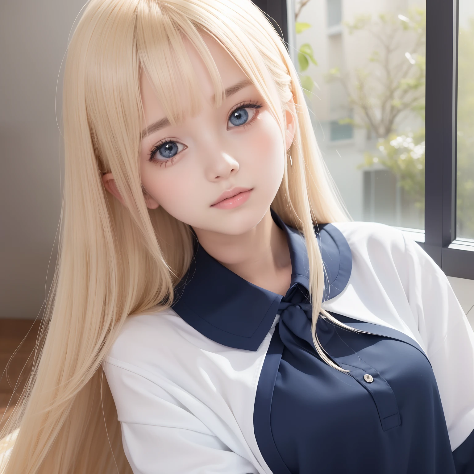 porate、School uniforms、bright expression、The cutest face in the world、young and shiny white shiny skin、The most beautiful and beautiful in the world、ultimate beauty girl、The most beautiful in the world,The brightest blonde hair、shinny hair、Super long silky straight hair、Beautiful bangs that shine、Sparkling crystal clear and charming light blue eyes、Very nice and lovely 16 year old girl、Lush bust