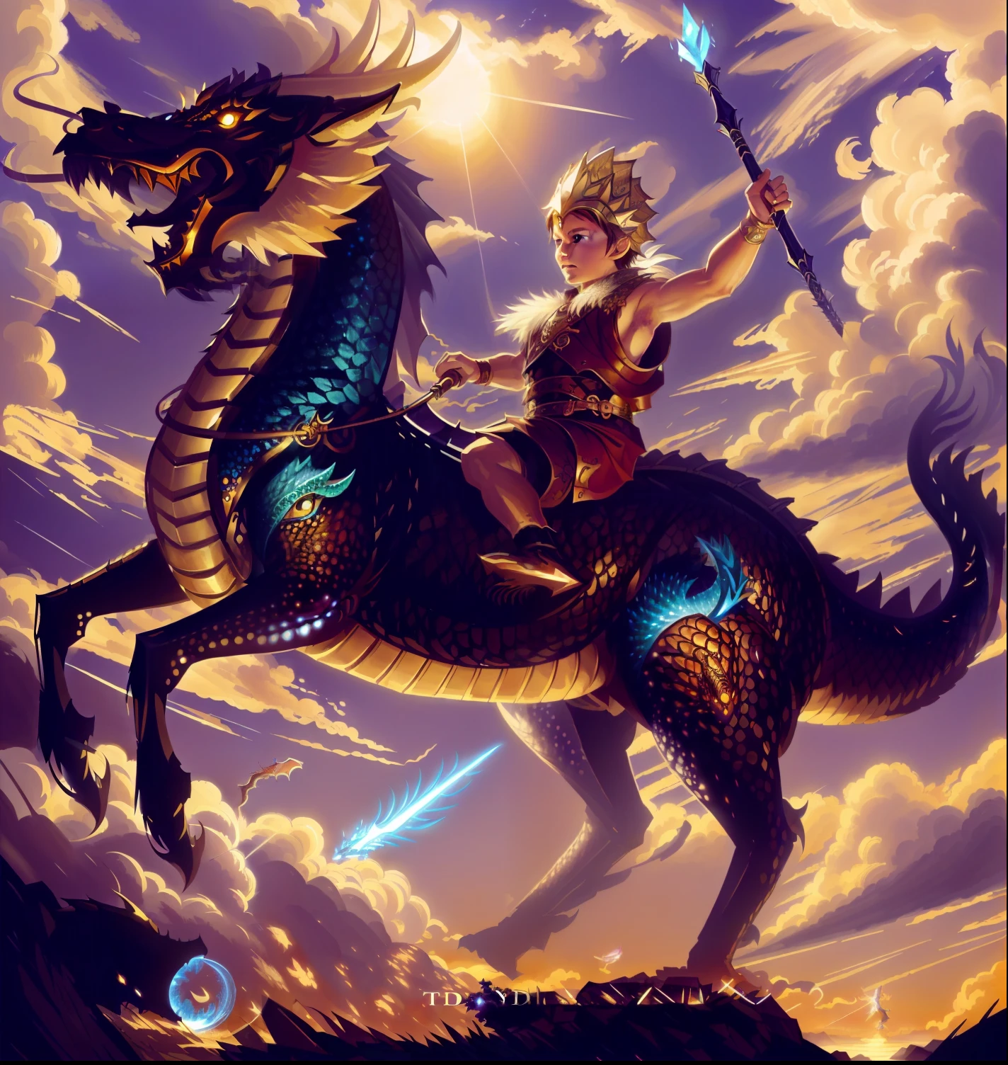 The boy rides a dragon with a spear in his hand.., Dragon Rider, Dragon Ride, Dragon Riding Boy, epic fantasy digital art style, epic fantasy art style, Fat vs Dragons. passenger, by Shitao, Dragon Boy, Joe Biden rides a dragon, by Yang J, detailed cover artwork, Jesus rides a dragon, symmetrical epic fantasy art