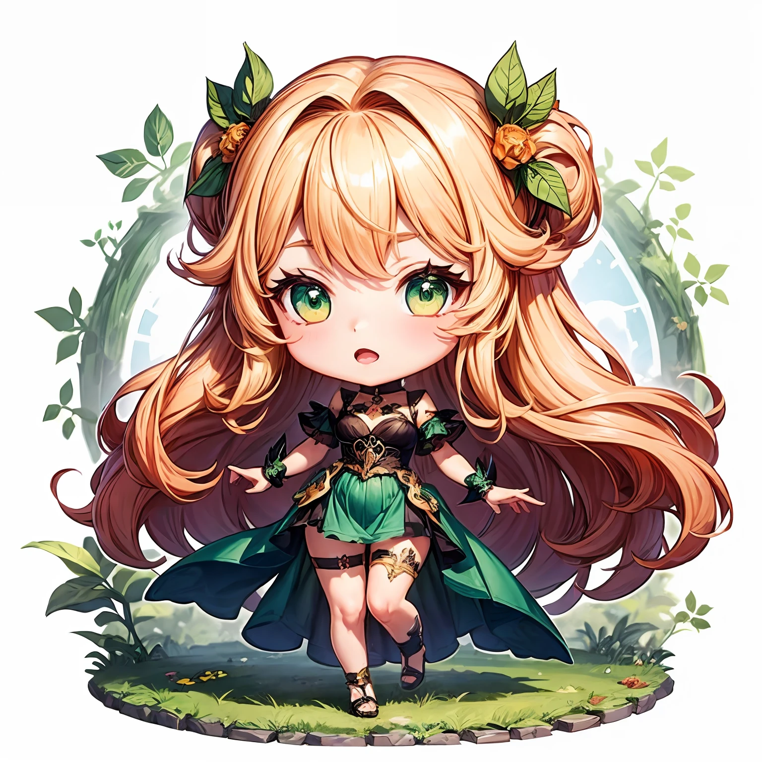 chibi, ((fullbody)), beautiful 1girl, green dress, orange hair, long hair, green eyes, chibi style, white background