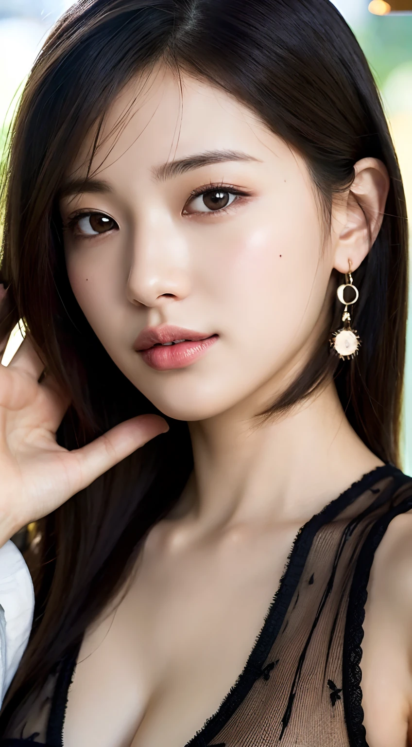 (8k, RAW Photo, Best Quality, Masterpiece:1.2), Ultra Detail, Super Resolution, (Realistic, Realistic Photo:1.37), Portrait, High Detail RAW Color Photo, Professional Photo, Extremely Detailed and Beautiful, Extremely detailed, 8k wallpaper, amazing and detailed, huge file size, official art, highly detailed CG unity 8k wallpaper, highly detailed beautiful girl, highly detailed face, highly detailed eyes, highly detailed skin, highly detailed fingers, highly detailed nose, very detailed detailed mouth , perfect anatomy, highly detailed background, highly detailed clothes, 1girl, (20:1.2), 20s, cute girl, realistic body, petite, fair skin, glowing skin , slim body, handsome body, black hair , short hair, (blunt bangs:1.2), smile, cute, youthful, cute face, realistic face, delicate eyes, drooping eyes, lingerie, see-through, earrings, looking at viewer, cowboy shot, facing front, standing posture, Contraposto, dynamic lighting, very large breasts, cowboy shot