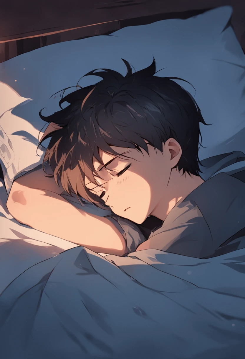 Strong Japanese boy , Black short hair, black eyes, Resolute expression, With white short-sleeved trousers, Lying on the white bed