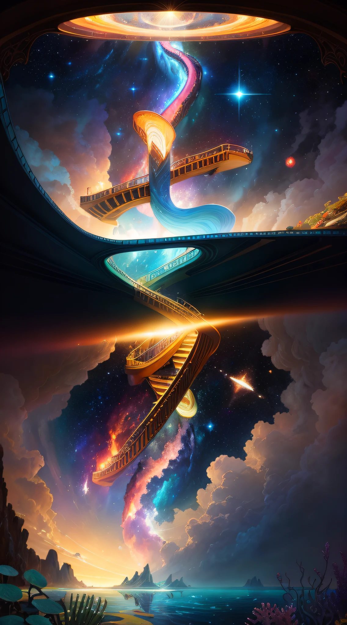 ((best quality)), ((masterpiece)), Wonderful, Beautiful, Shiny, Glory of God, Super Detailed, a stairway leading to the sky with clouds and sun , (detailed), oil painting, (nebula under the sea:1.3), (galactic:1.2), celestial, ocean, (incredibly detailed:1.1), (complex details:1.2), (Studio Ghibli influence:1.1), mosaic, (photorealistic:1.2), volumetric lighting, (ray tracing:1.1), well lit, (octane render:1.1), (Art Nouveau style:1.2), Raw, Ultra Quality, A Stairway to Heaven, Inside a Tunnel of Light, in the background with a bright light coming from the top, Andries Stock, sky, a picture, rayonism