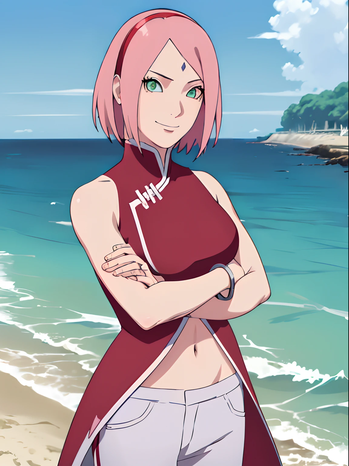 (masterpiece, 1k, anime style, hand drawing, vector coloring, portrait, face shot, professional artwork, detailed beach background, intricate details, colorful, bold drawing lines), (ultra detailed body, ultra detail hair, ultra detail face), trending on pixiv, kind smile, very hot color, best quality, 1girl, hires, haruno sakura, contrasty lighting, (forehead mark, milf, red hairband, pale skin, short hair, ((red sleeveless dress), white pants), navel, groin, bracelet, looking at viewer, crossed arms, pink hair, green eyes, smile, beach, wind, floating hair, detailed arms, off-shoulders, muscular arms, standing), sunnyday