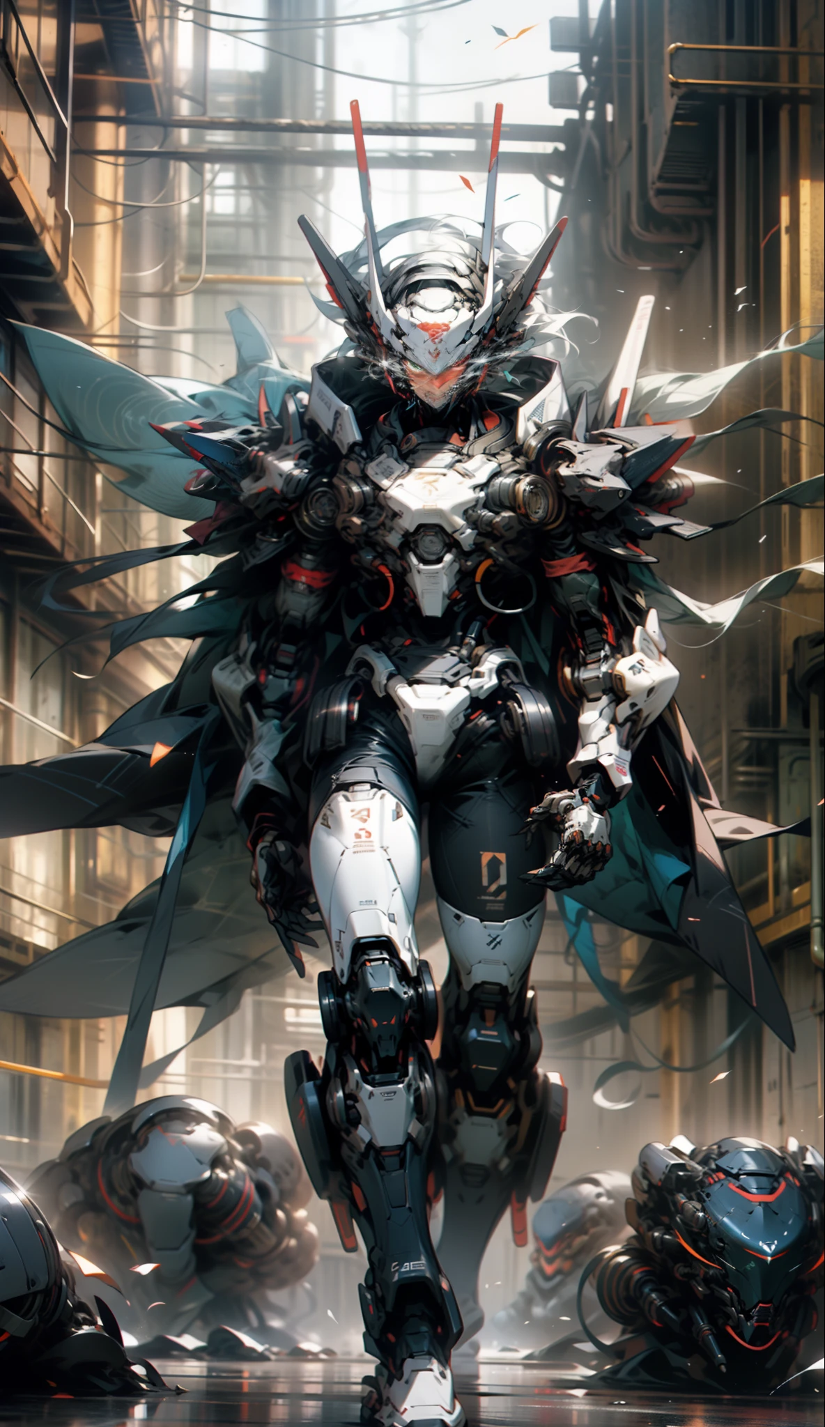 male people，Tall mech，Silver-white body，Black and white，Use the plasma sword，There is a dragon particle effect，Yin and Yang gossip，Formation，mechanical sense，sense of strength，Sense of space，combats，cyber punk perssonage，Human body modification，Structurally sound，Battle instant，high-quality face，4K，High quality，Masterpieces