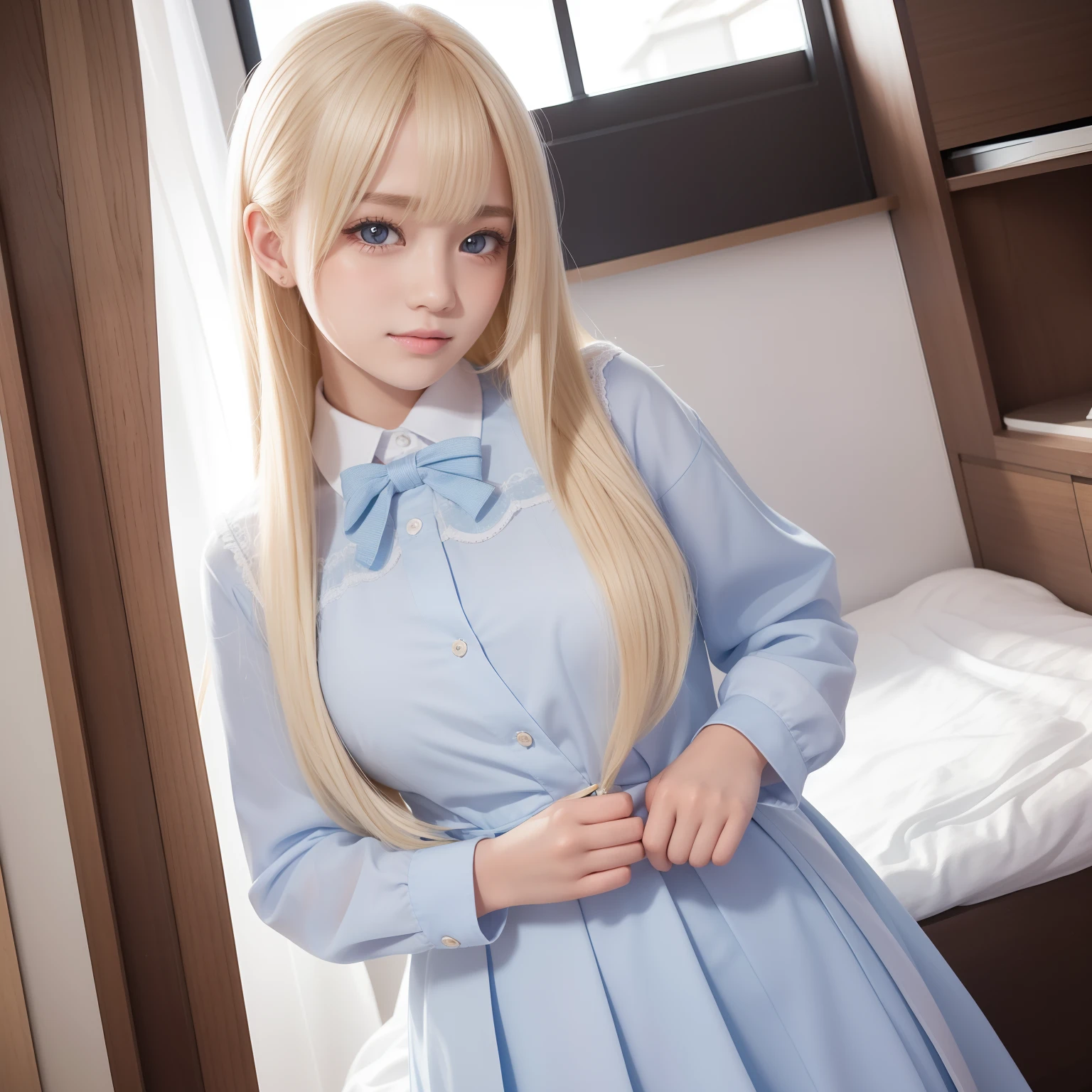 girl with blonde hair in wedding dress sitting on bed with white sheets, Anime girl cosplay, real life anime girl, with long blonde hair, with white long hair, a hyperrealistic schoolgirl, a hyperrealistic schoolgirl, beautiful anime high school girl, cosplay foto, with long white hair, Japan school uniform, blonde anime girl with long hair, Wearing a wedding dress,