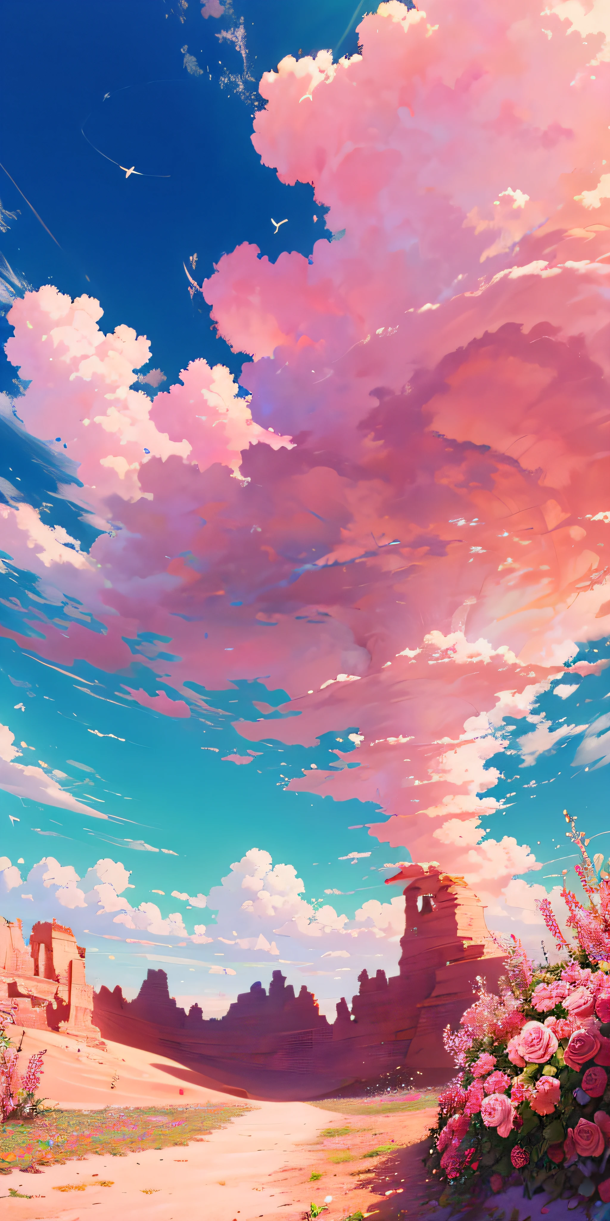 Summer, desert, pink clouds, a land overgrown with roses, James Gurney, art station rendering, ultra-wide lens, high definition
