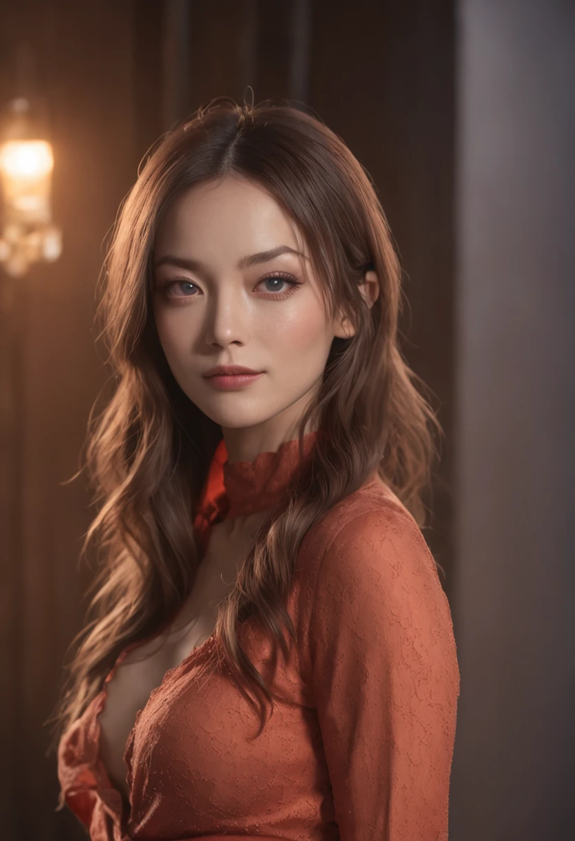 Young Olivia Wilde, ((Full-body shot from head to toe)), 独奏, ((Light orange tight shirt)), ((red leggings)), ((Show off your nudity)), Background to the disco party, Long hair, looking a viewer, blue eyes, ((masutepiece)), Standing, blusher, sexy pose, Large wide chin, small forehead, natural skin, Dramatic Lightning, intricate details, hight resolution, Unity 8k壁纸, ultra-detailliert, aesthetic, masutepiece, Best Quality, Photorealistic, 85 mm, f1.8, Portrait, Hyper-realistic, Super detailed, Sunset lighting, High Dynamic Range, Detailed background, Complex and detailed face, long eyelashes, 詳細な目, black eyeliner, (独奏: 1.3)