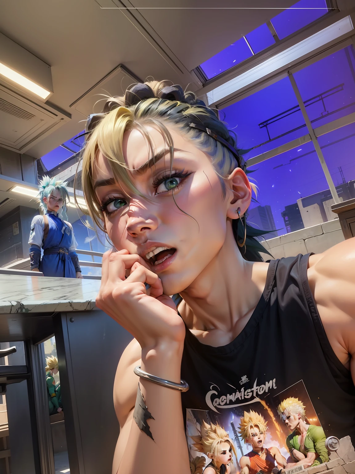 son goku, 1boy, angry, battle damage, blonde hair, blue sash, clenched teeth, furious, green eyes, male focus, muscular, muscular male, pectorals, sash, solo, spiked hair, super saiyan, super saiyan 1, teeth, topless male, torn clothes, wristband, ((masterpiece)) two girls sitting on the ground talking to each other, promo still, charli bowater and artgeem, aurora aksnes and zendaya, promotional still, willow smith zendaya, profile picture, # film, beautiful girls, “zendaya, beautiful aesthetic, beautiful scene, nice afternoon lighting, at a park, beautiful female, high quality film still, cute girls, mixed art