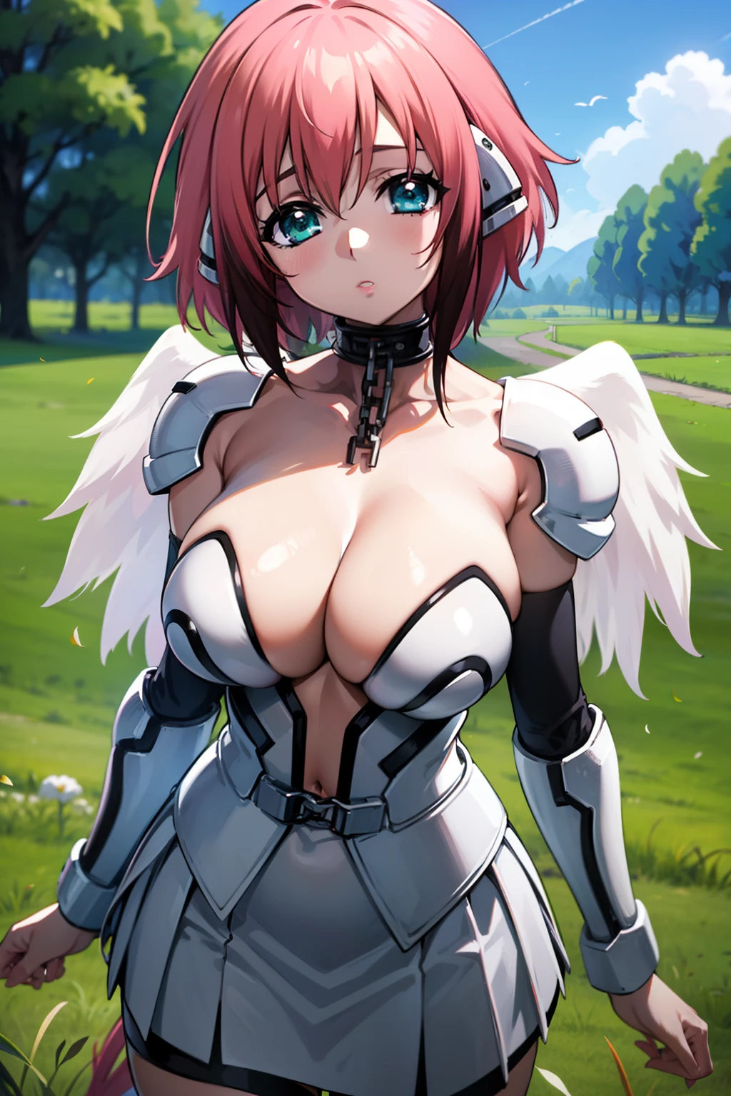 (masterpiece, best quality, ultra-detailed), 1girl, Ikaros, pink hair, esmerald eyes, collar, white armor, white and black skirt, looking at viewer, grass, trees, bedroom, standing, bellow view