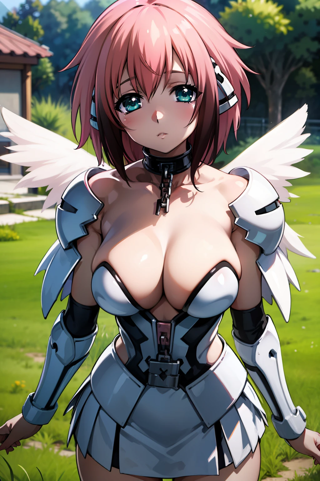 (masterpiece, best quality, ultra-detailed), 1girl, Ikaros, pink hair, esmerald eyes, collar, white armor, white and black skirt, looking at viewer, grass, trees, bedroom, standing, bellow view