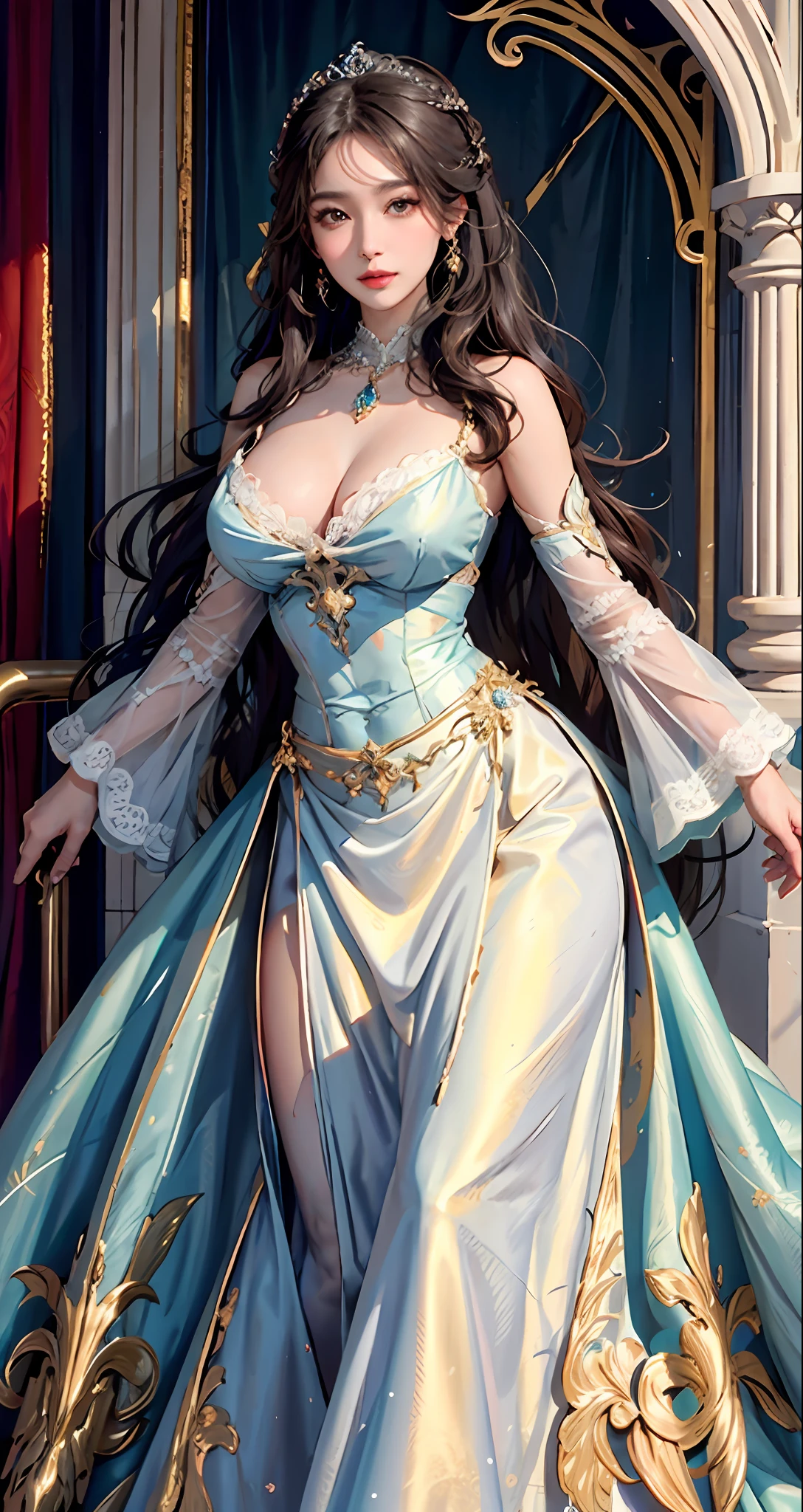 photorealistic, high resolution, soft light,1women, solo, hips up, shining skin, (detailed face),tattoo, jewelry, ((1 princess in gorgeous princess rococo ball gown with voluminous full-length hoop skirt)), night, long hair, wavy hair, Beautiful Soldier, Eyes That Invite Viewer, Lover's Perspective, Inviting Expression, Sexy Smile, Perfect Style, Perfect Balance, Detailed Skin, Naughty Gaze, Chest Visible
