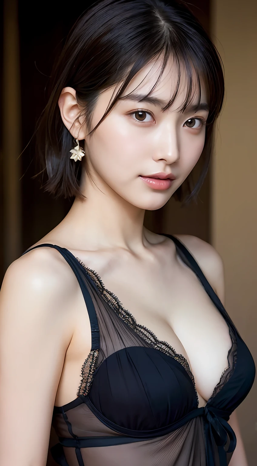 (8k, RAW Photo, Best Quality, Masterpiece:1.2), Ultra Detail, Super Resolution, (Realistic, Realistic Photo:1.37), Portrait, High Detail RAW Color Photo, Professional Photo, Extremely Detailed and Beautiful, Extremely detailed, 8k wallpaper, amazing and detailed, huge file size, official art, highly detailed CG unity 8k wallpaper, highly detailed beautiful girl, highly detailed face, highly detailed eyes, highly detailed skin, highly detailed fingers, highly detailed nose, very detailed detailed mouth , perfect anatomy, highly detailed background, highly detailed clothes, 1girl, (20:1.2), 20s, cute girl, realistic body, petite, fair skin, glowing skin , slim body, handsome body, black hair , short hair, (blunt bangs:1.2), smile, cute, youthful, cute face, realistic face, delicate eyes, drooping eyes, lingerie, see-through, earrings, looking at viewer, cowboy shot, facing front, standing posture, Contraposto, dynamic lighting, very large breasts, cowboy shot