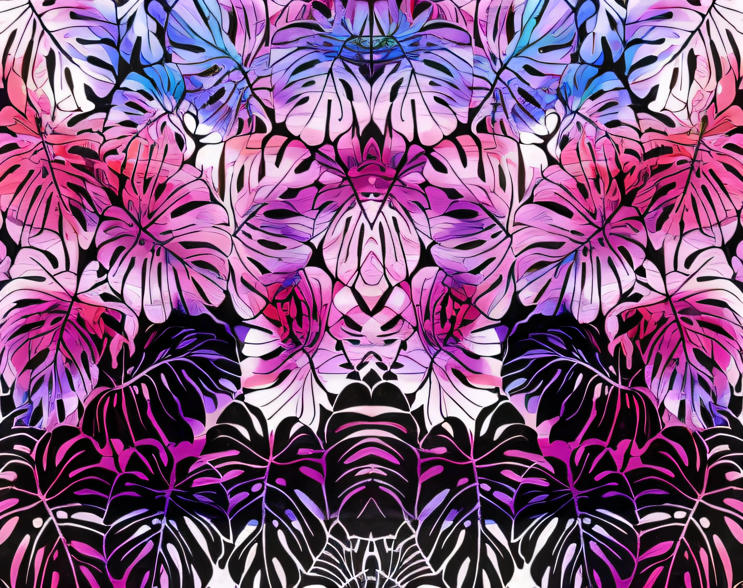 a painting of a pattern of leaves and flowers on a white background, selva vaporwave, psychedelic vegetation, Surreal psychedelic design, selva colorida, Colorful green alien, psychedelic patterns, kaleidoscopic, alto contraste vibrante, selva tropical, folhas tropicais, plantas tropicais coloridas, neon floral pattern, psychedelic digital art, psychedelic forest, Uma paisagem tropical abstrata, symmetrical digital illustration