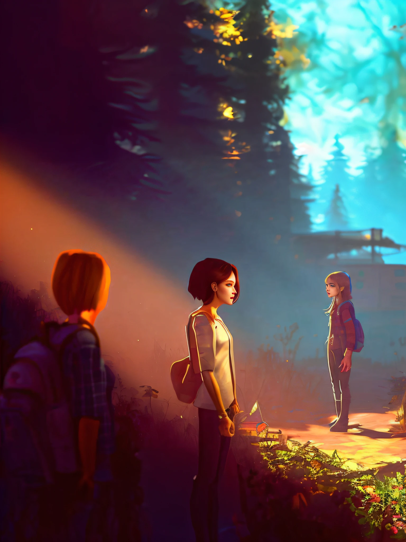 "Children thinking in the forest，Presents peculiar anime scenes，A scene from Life is Strange 1，A blend of the weirdness of life and the style of a snitch game，Inspired by beautiful cinematic lighting，Presents weird and nostalgic concept art，Like a screenshot from a video game。Inspired by the portraits of Goro Fujita and Max Caulfield，Conceptual art that expresses emotions，Through a distinct style and key artistic elements，Creates a prominent foreground view of the protagonist in the background artwork。"
