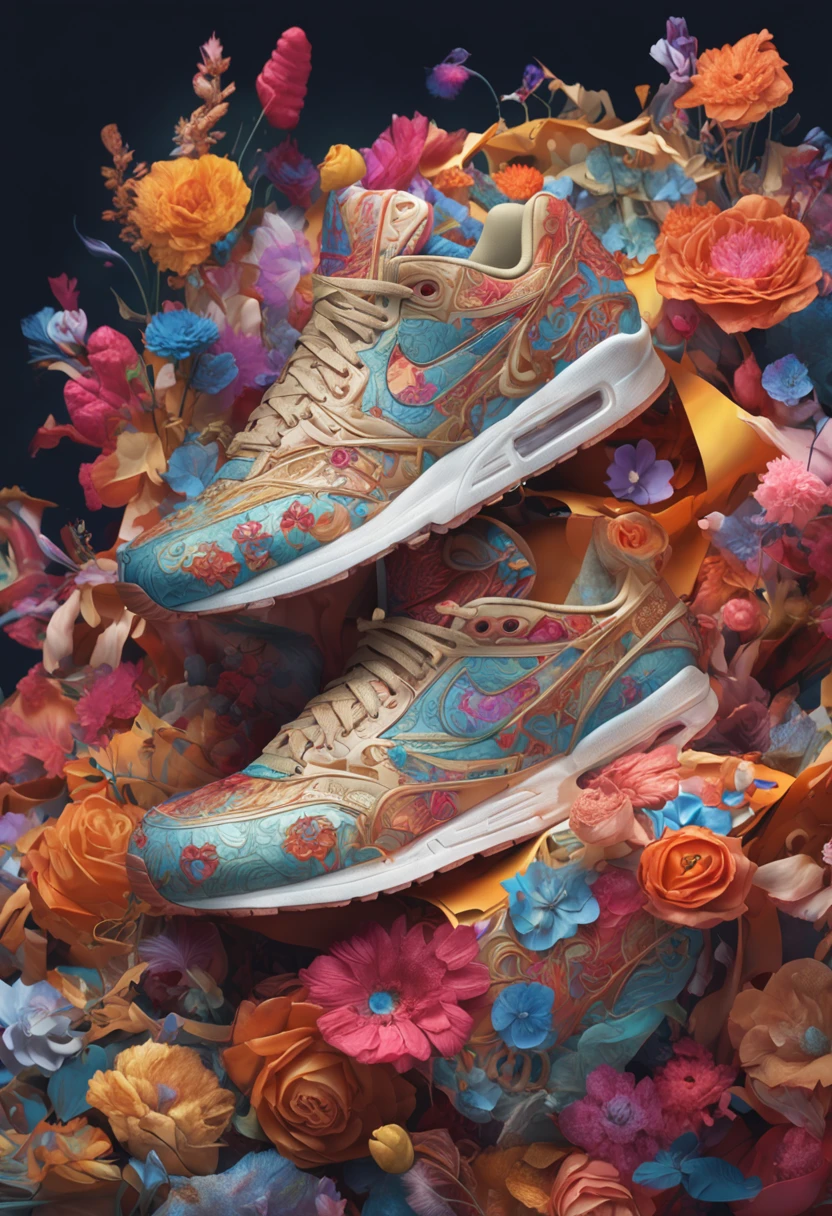 a stunning interpretation of 
nike shoe sneaker made of 
petals, advertsiement, 
solarpunk, highly detailed and 
intricate, golden ratio, very 
colorful, hypermaximalist, 
ornate, luxury, elite, good 
vibes, oil painting, cinematic, 
cgsociety, James jean, Brian 
froud, ross tran