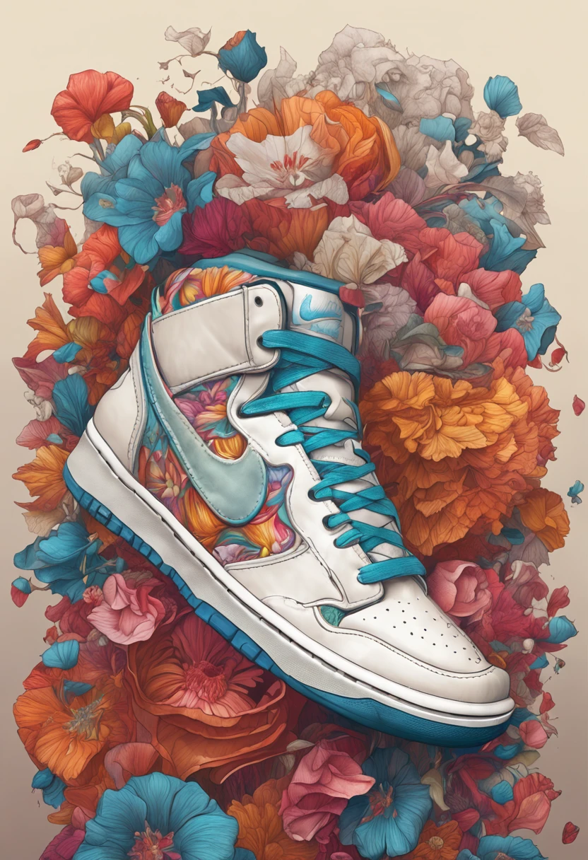 a stunning interpretation of
nike shoe sneaker made of
petals, advertsiement,
solarpunk, highly detailed and
intricate, golden ratio, very
colorful, hypermaximalist,
ornate, luxury, elite, good
vibes, oil painting, cinematic,
cgsociety, James jean, Brian
froud, ross tran