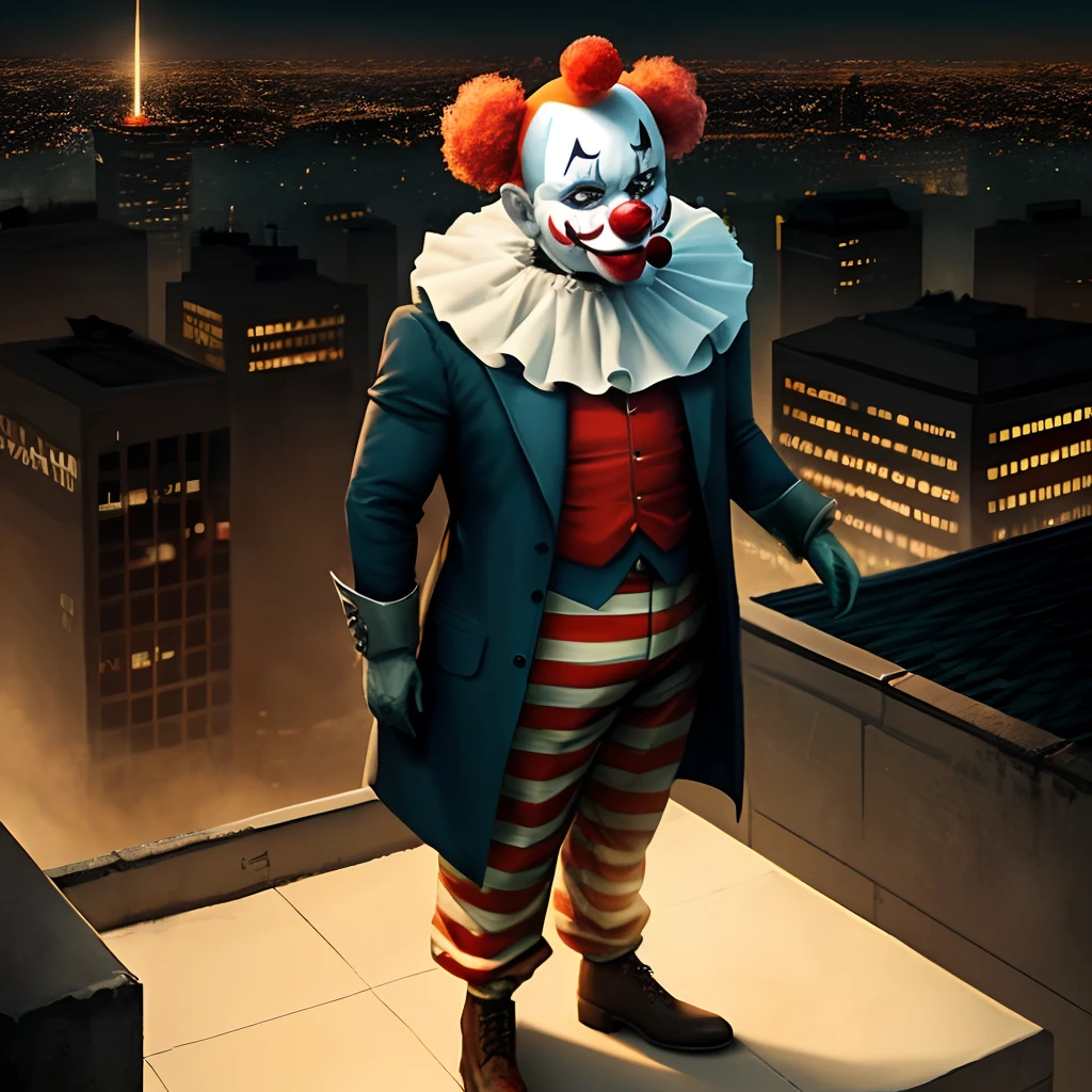 Gotham City，The clown stands on the roof，Followers filled the floor, all wearing clown masks