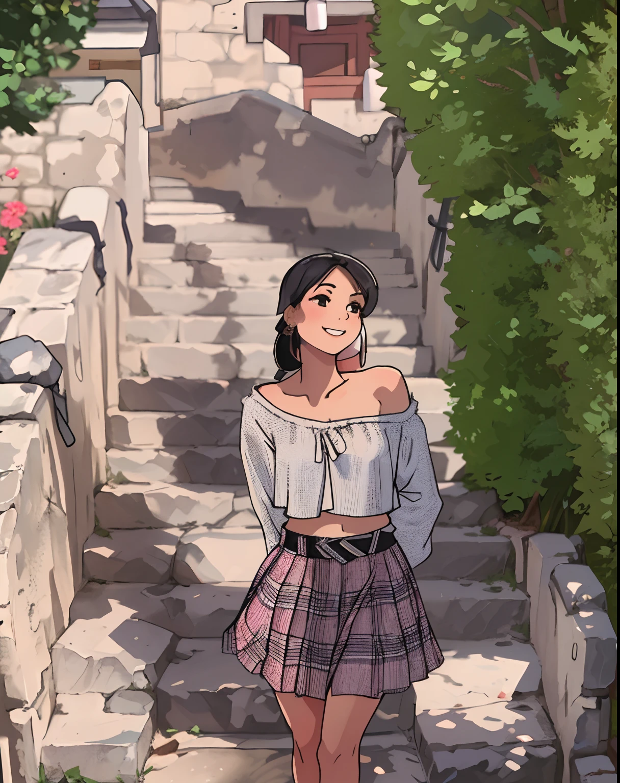 araffed woman walking down a stone staircase with a smile on her face, wearing crop top and miniskirt, detailed plaid miniskirt, profile image, plaid skirt, outfit photo, pleated miniskirt