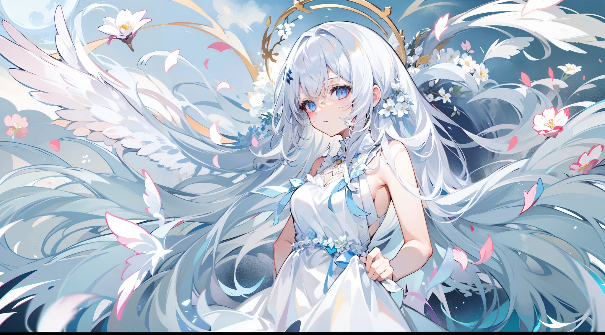 1girl, silver hair, long hair, blue eyes, white dress, angel wings, blue moon, white flower field