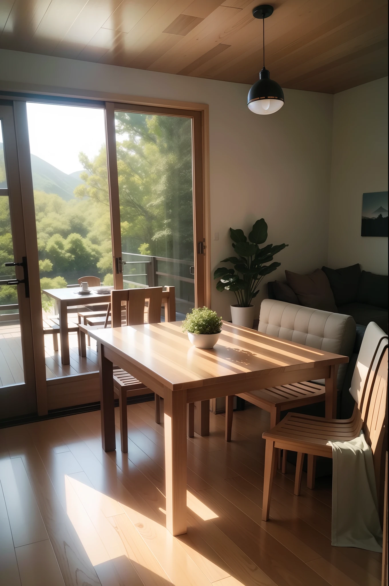 interior design、Insanely detailed wide-angle architectural photo、Cozy contemporary living room、(Bright and warm sunlight 1:0.1)、Award-winning contemporary interior design、landscapes、The table、a chair、in a house、Wooden flooring、window、resturant、east asian east asian architecture、sliding paper doors、abajour、architectural、the woods、naturey、cups、a plant、interior design、Insert lighting and shadows、depth of fields、low illuminance