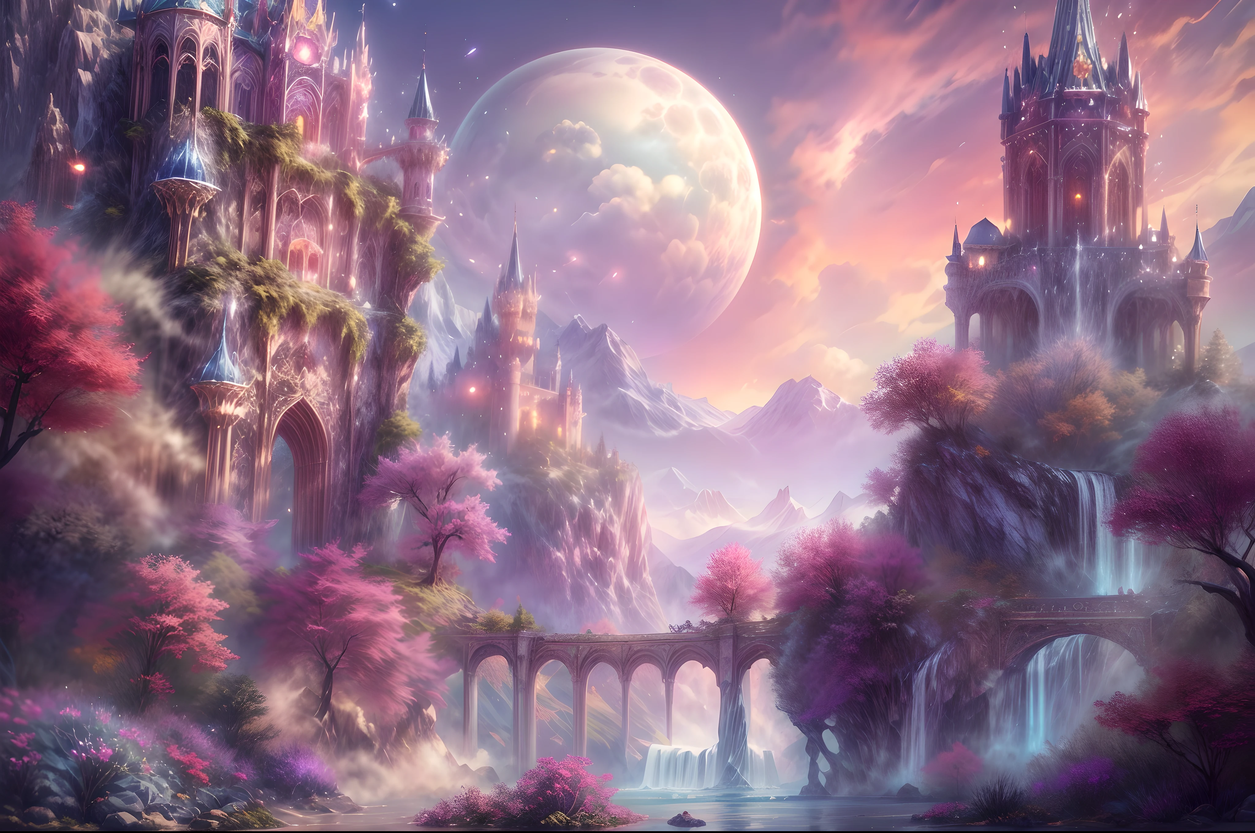 Generate a realistic fantasy landscape with beautiful, ornate romantic buildings, floating islands, crystalline waterfalls streaming from the floating islands, and a dreamy landscape of highly detailed flowers and dreamy watercolors. This is the (((romantic))) realm of the gods. (((The castles look like they are carved from shimmering marble, with distinct and complex details adding to their realism.))) Cotton candy clouds wisp into beautiful glittering stars across the colorful sky, with mesmerizing pink and purple celestial lights creating an enchanting atmosphere. Include many different levels and high visual interest. The environment is large and awe-inspiring, and this is a macro shot. The general ambience is peace, tranquility, and highly detailed sweetness. Include interesting fantasy elements with colors that complement the rest of the landscape. The sky should be very detailed. The landscape should very detailed. All buildings should be ornate with complex and intricate details. Include a luminous and magical atmosphere, magic bubbles, shimmering colors, many small fantasy details including iridescence, expertly created majestic landscapes, and shimmer and glimmer. Include lots of vibrant colors and vaguely surreal details. Camera: Utilize dynamic composition to create interest and excitement. CGI, unreal engine, unity engine, (((masterpiece))), high resolution, 8k, best quality, high quality, highres, 16, RAW, ultra highres, ultra details, finely detail, an extremely delicate and beautiful, extremely detailed, real shadow, anime, highly detailed painted, award-winning glamour painting, wonderful painting, art style, stylized