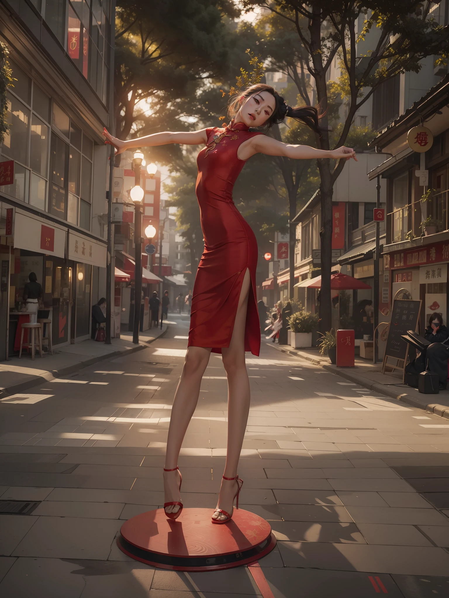 Woman in red dress standing on the red pedestal of the city, Wearing a red cheongsam, photo of slim girl model, korean women's fashion model, Long thin legs, sakimichan hdri, girl wears a red dress, Fashion model, standing elegant pose, Long legs, Wearing a red dress, very beautiful long slim legs