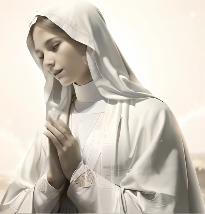 (((Blessed Virgin Mary. 19 years old))) ((( Con una cara seria y piadosa. Con una mirada dulce y tierna))) (obra maestra, calidad superior, mejor calidad, arte oficial, beautiful and aesthetic: 1.2), (1girl), extremadamente detallado, (Arte fractal: 1.3), colorido, highest detailed, Cara perfecta, parte superior del cuerpo, HDR, (orando: 1.3), (golden lines of white coat: 1.2), galaxia, (rayas de luz), eye-catching visuals, (dynamic stripes, senderos luminosos: 1.2), colores vibrantes,