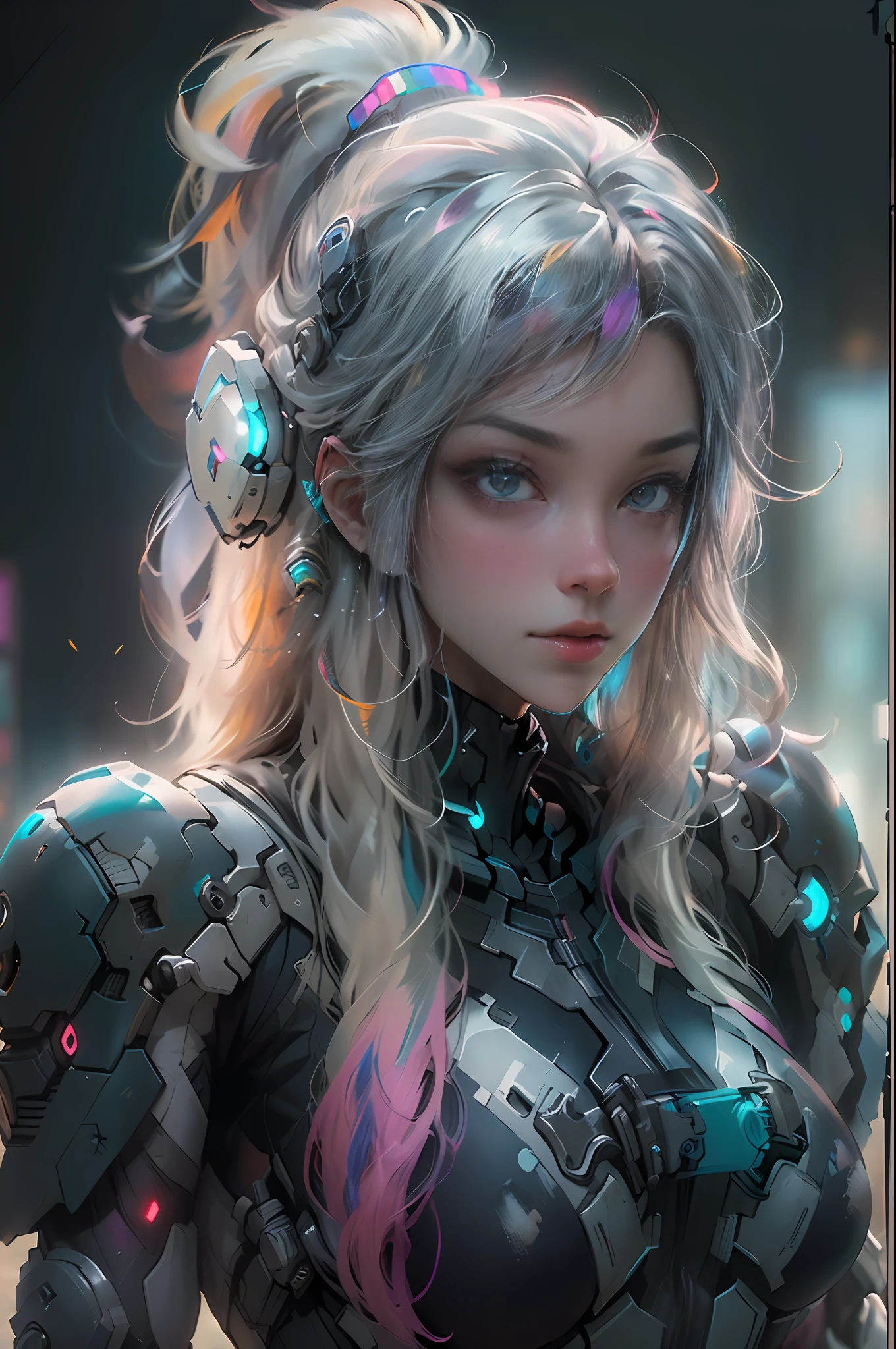 ((Best quality)), ((masterpiece)), (detailed:1.4), photograph of a beautiful cyberpunk female, (wearing smooth organic tech armor), (long shapeless multicolor hair), big breasts, ((extreme close-up portrait)), (facing viewer), (Depth-of-field), Octane Render, (Cinematic lighting),Rule of thirds,8K RAW