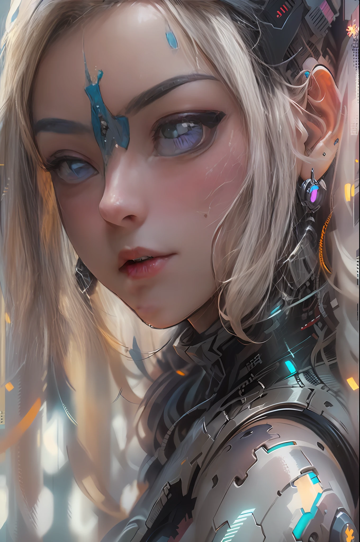 ((Best quality)), ((masterpiece)), (detailed:1.4), photograph of a beautiful cyberpunk female, (wearing smooth organic tech armor), (long shapeless multicolor hair), big breasts, ((extreme close-up portrait)), (facing viewer), (Depth-of-field), Octane Render, (Cinematic lighting),Rule of thirds,8K RAW