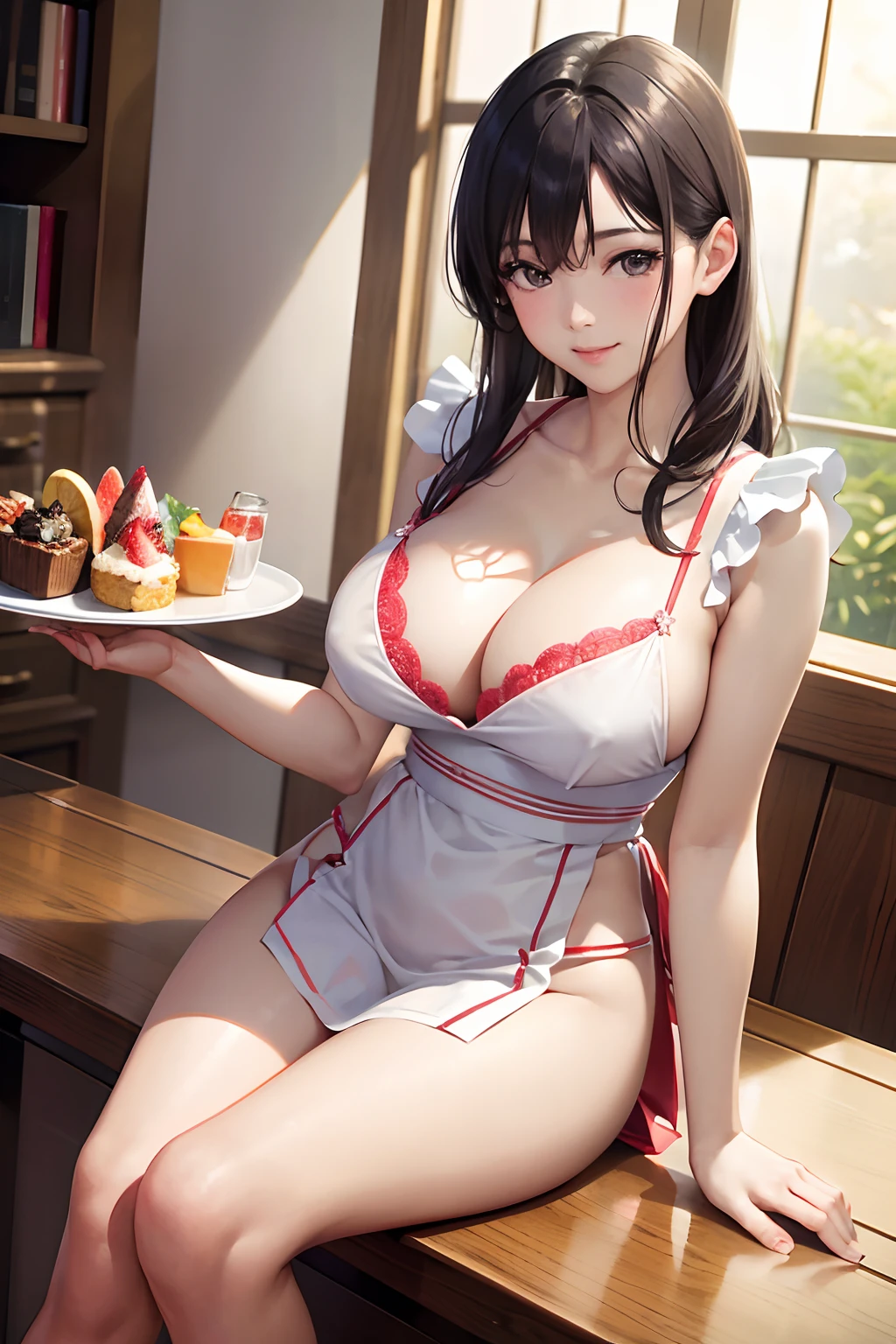 masterpiece、top-quality、ultra-detailliert:1.2、Fine details、Japan woman in orange and white maid clothes posing provocatively, waitresses、resturant、Young Sensual Gravure Idol, Young Pretty Gravure Idol, Young Gravure Idol, Realistic Young Gravure Idol、cleavage of the breast、Have a tray、Strawberry Parfait、A big smile、Slouched