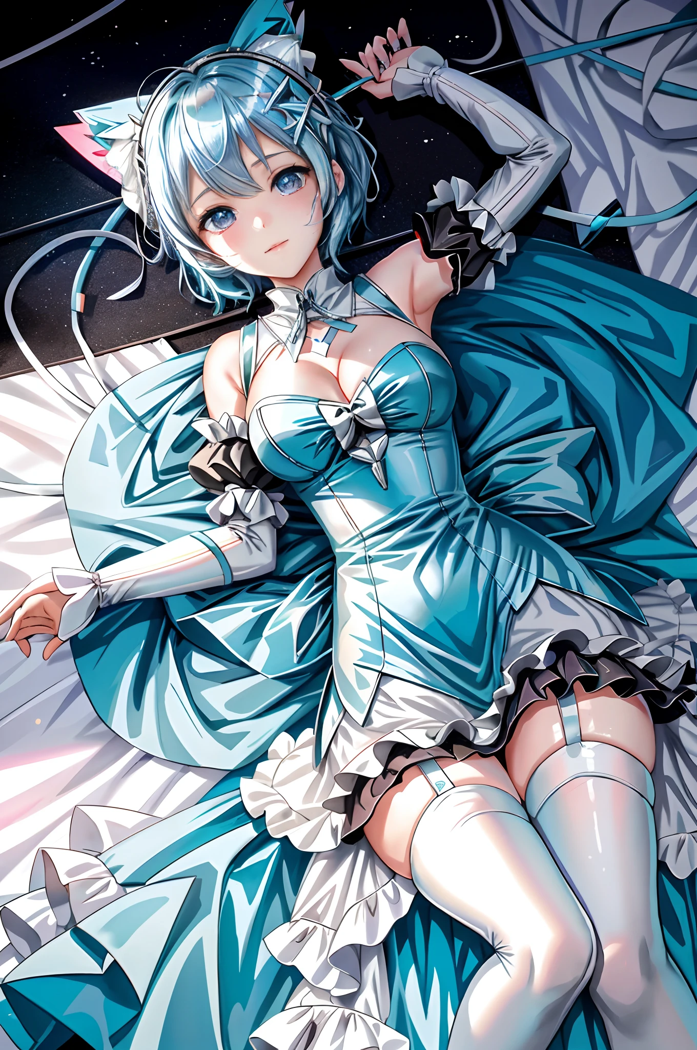 There is a woman in a white dress and blue hair posing, Rem Rezero, Rei Ayanami, ayanami, Hatsune Miku cosplay, Anime girl cosplay, Anime cosplay, mikudayo, cosplay foto, cheerfulness!!!, Also, 2 b, 2b, cosplay of a catboy! maid! dress, Loli, cosplay，，big breasts exposed cleavage，drenched all over the body，Flame it up，Raised sexy，Desire expression，Pubic hair shows through，Naked，lying down