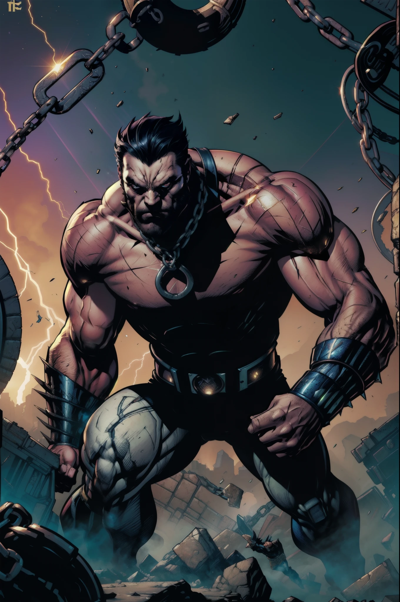 *(Epic masterpiece:1.2)* captures *Lobo from DC Comics* in all his brutal glory. The (Main Subject:1.1), a towering embodiment of (unrestrained power:1.1), stands amid a (cosmic battlefield:1.1). Every (sculpted muscle:1.1) is *hyper-detailed:1.1*, enhancing his (overwhelming presence:1.1). His (iconic hook and chain:1.1) crackles with (ferocious energy:1.1), while (fragments of defeated foes:1.1) litter the ground. *(Dynamic lighting:1.2)* casts dramatic shadows, adding depth to the (fierce expression:1.1) beneath his (alien visage:1.1). The (intense color palette:1.1) sets a tone of (brutal realism:1.1). This prompt merges *realism with comic artistry:1.1*, channeling Lobo's essence into a work of art that embodies the (unstoppable force:1.1) that is Lobo.