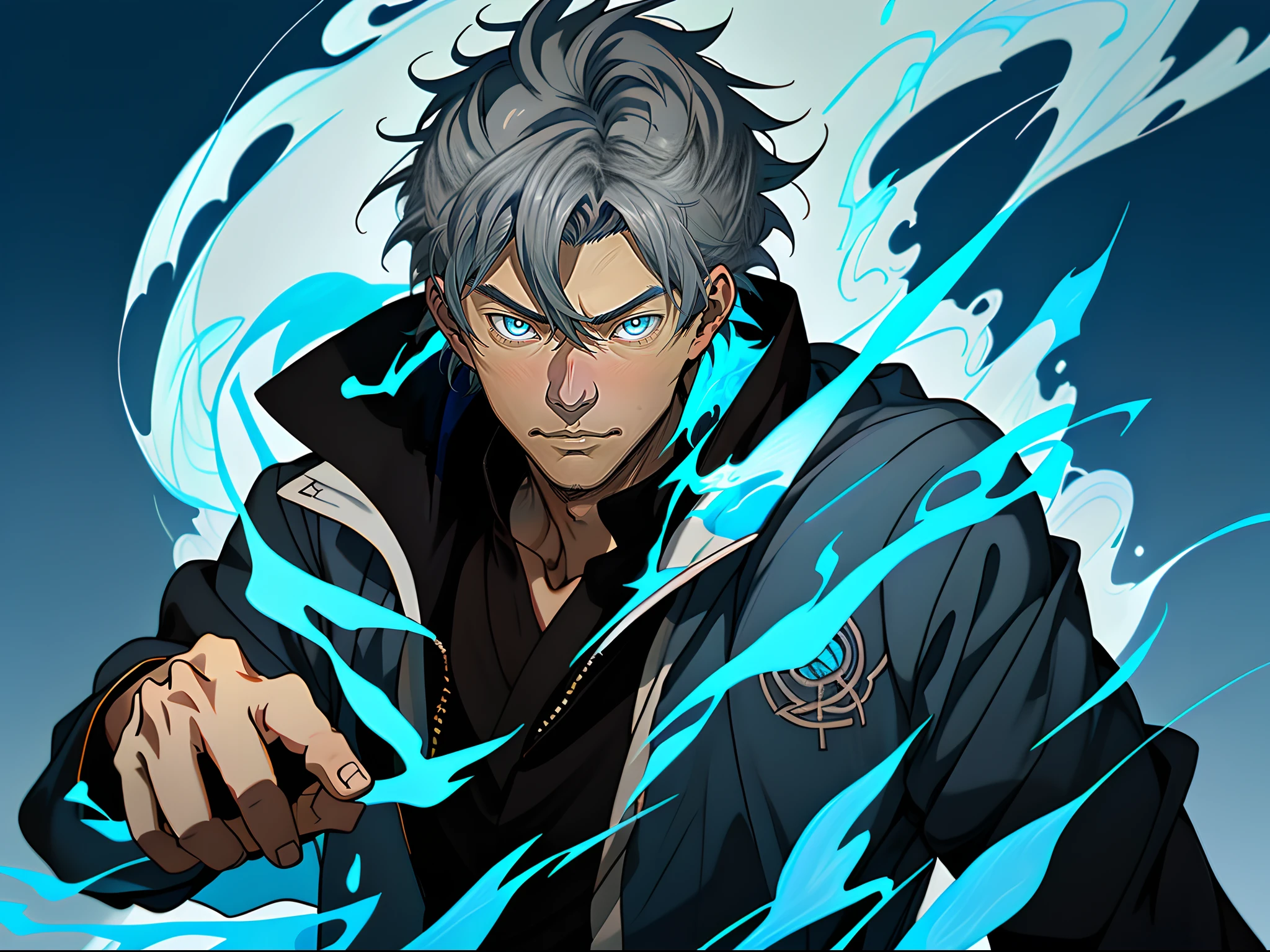 Anime image of a gray-haired man with blue flame in a black jacket, Shinkai sincerely, New Xiangcheng, Honest, ryuta ueda artwork, offcial art, Anime handsome man, inspired by Hisui Sugiura, koyoharu gotouge,