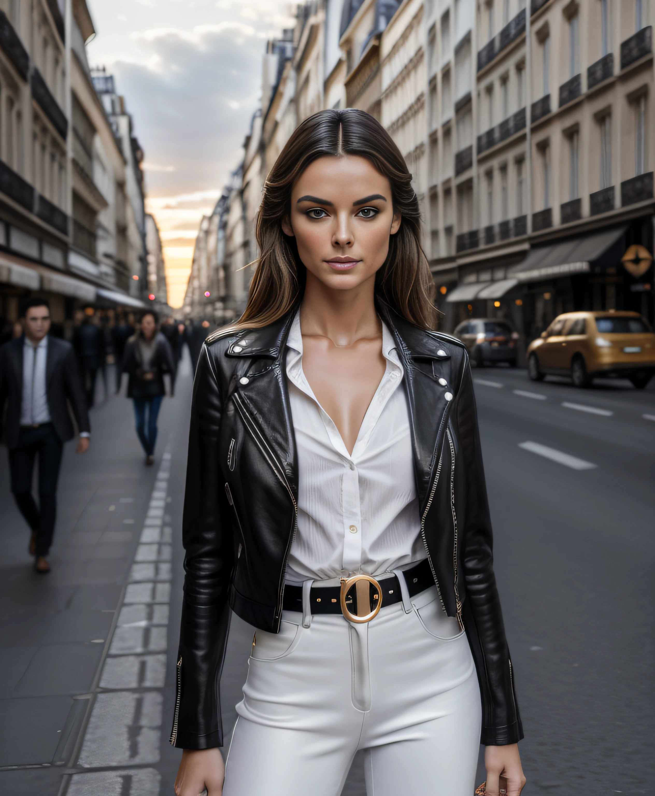 (masterpiece, photorealistic), (F/1.4, Sony a7R IV) raw, portrait of an attractive European supermodel girl, full view, wearing a black leather jacket and white striped shirt and white fashion pants, standing on the street in a very famous pose, Photography and modeling pose, New York Times monitor and street, cities in the background and passersby in the background and bokeh, very detailed and symmetrical face, detailed lips, belt, detailed eyes, perfect legs, Paris city background and sunset and Golden sunset sky, bokeh, precise finger, super creative pose, real photo, busy street, Kodak, old cinema colors, ultra fine details, slow shutter speed, stretched lights and movement, bokeh