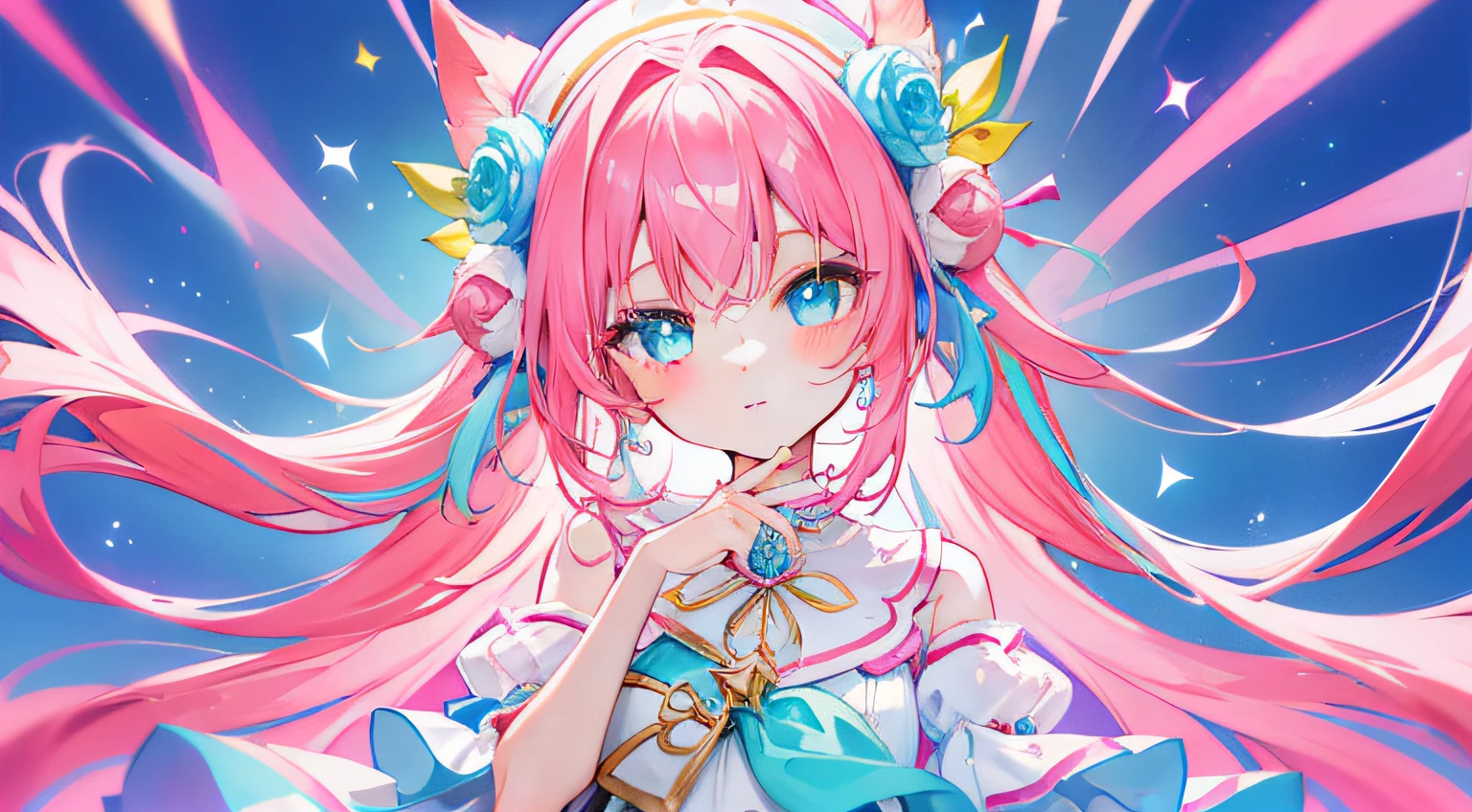 Colorful light background，long whitr hair，Has a bright pinkish-purple transparent gum texture，In pink、Wear yours with blue and white，Yellow and green ornaments with cyan accents，This is a very sweet and sweet loli girl