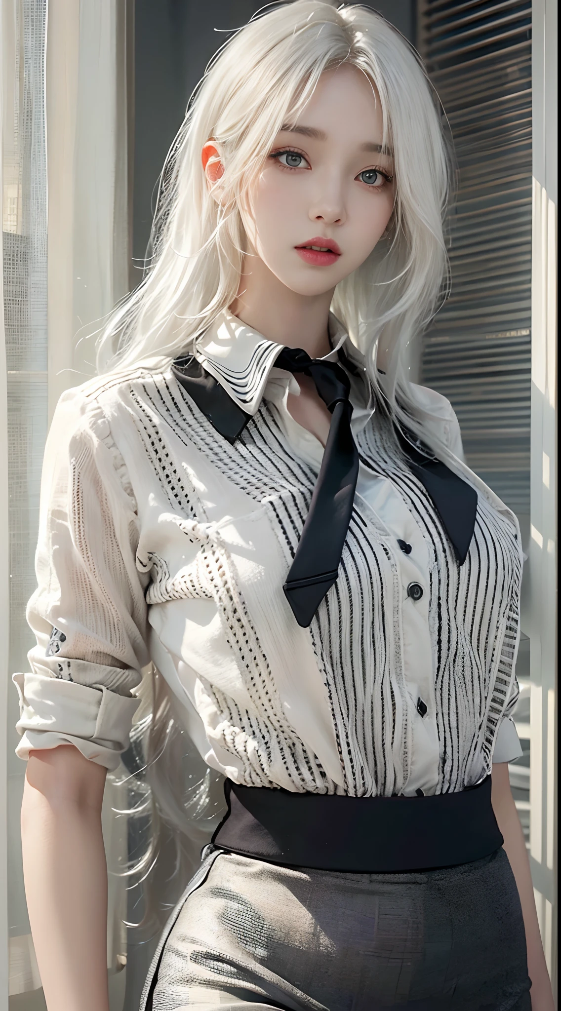 Photorealistic, high resolution, 1 woman, Hips up, Beautiful eyes, White hair, Long hair, ringed eyes, Collared shirt, black necktie,Black skirt, pencil skirts