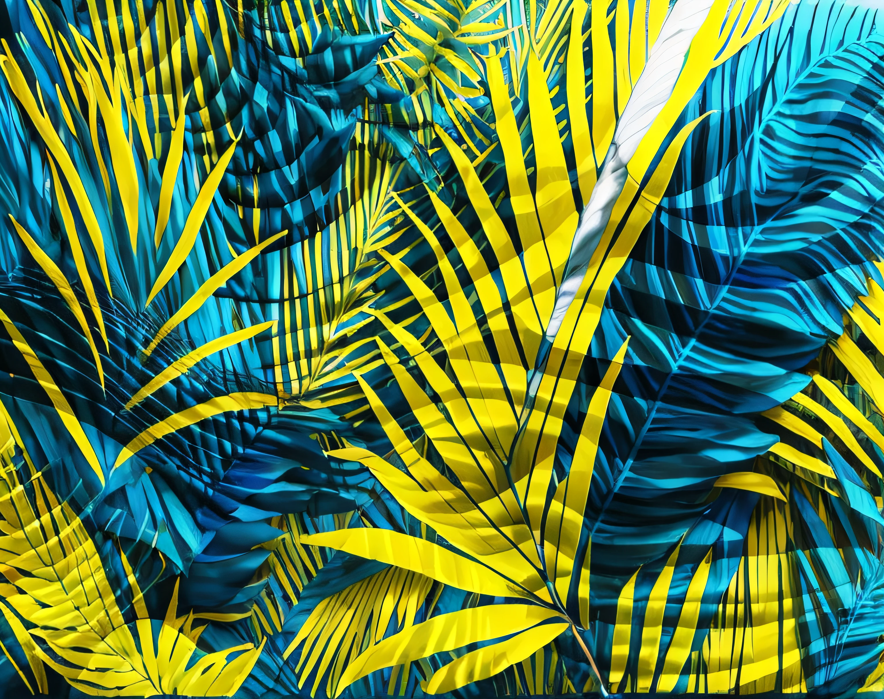a closeup of a blue and yellow scarf with palm leaves, Selva como pano de fundo, Uma paisagem tropical abstrata, fauna azul e amarela, selva vaporwave, fundo amarelo e azul, plantas tropicais coloridas, Frondas, vivid vegetation, folhagem vibrante, fundo tropical, selva colorida, folhagem tropical, the background is lush jungle, alto contraste vibrante, textura da selva profunda