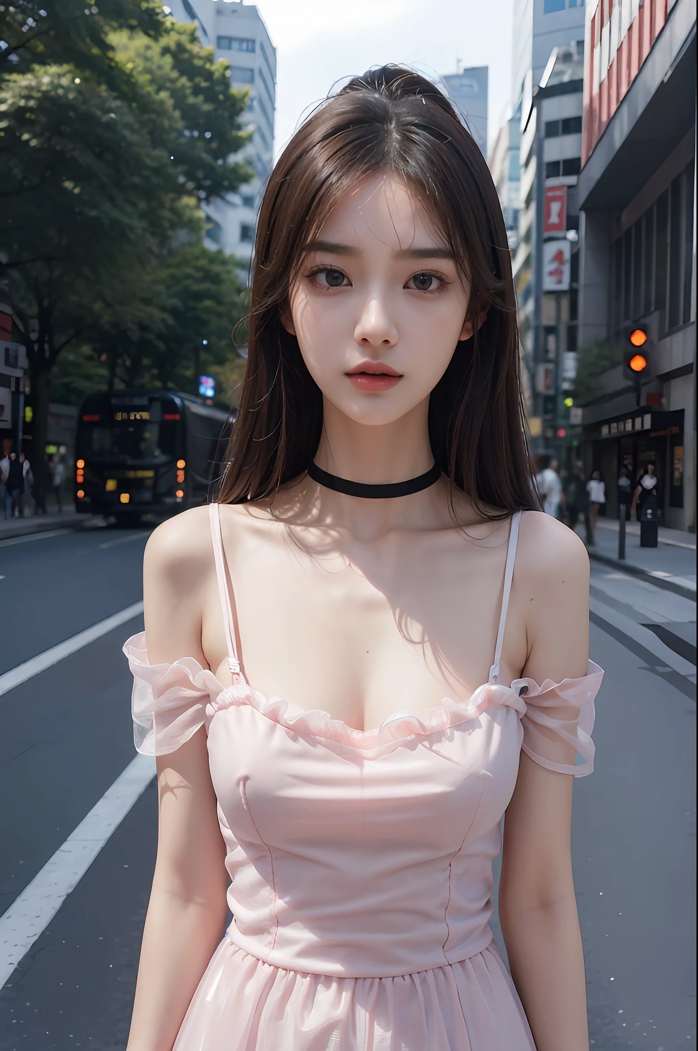 best quality detailing:1.2, reality, 8k UHD, high-res, 1girl in:1.2, Special details lurking, High quality surface, intricate detailed, detaild, Very Detailed CG, high quality shadow, detailed beautiful delicate face, Description: Beautiful delicate eyes, deep depth of field, Ray Thrashing, In her 20s...., Beautiful K-pop Girl, Korean Urzan Face:1.1, Slender Face, ulzzang -6500-v1.1:0.6, pureerosface_v1, glowing eye, teak, Glossy lips, perfectbody, choker、breast cleavage、 brunette hair、Ponytel:1.1, road, particles, View Viewr., real light:1.4, ultra-detail, photo-realistic, 4K 8k UHD Full Color RAW Photos, Fuji Film(Medium format:1.2), hasselblad:1.2, Carl Zeiss:1.1, Stunning dynamic range photography(utility_Art by Smoose-768:1.1), high-res, High pixel count, Clear details, sharp photo, Natural color reproduction, Noise Reduction, High fidelity, quality, Software updates, Downsizing, Optimized algorithms, Pro Retouching、((Shibuya, tokyo))、On the way to shopping、((Fashion clothes with very high designs....))、graphic tee: art & logo、Graphic T-shirts printed with anime characters are trending.....、Used for unique styling....