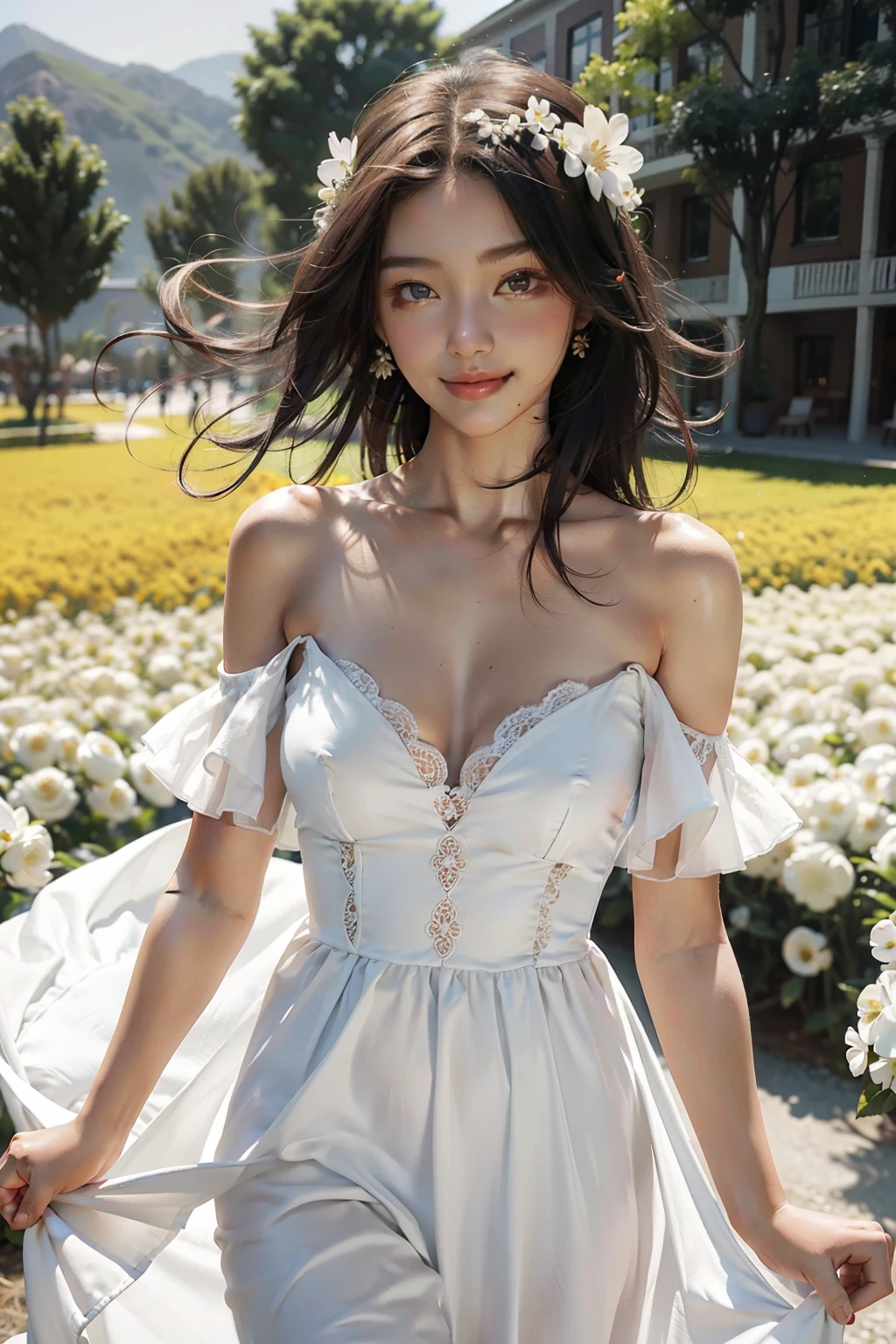 Best Picture Quality，tmasterpiece，HD original photos，1 girl white dress off the shoulders，blooming flower field，The skin is smooth and glowing，Light smile，Raised sexy，Bigchest。